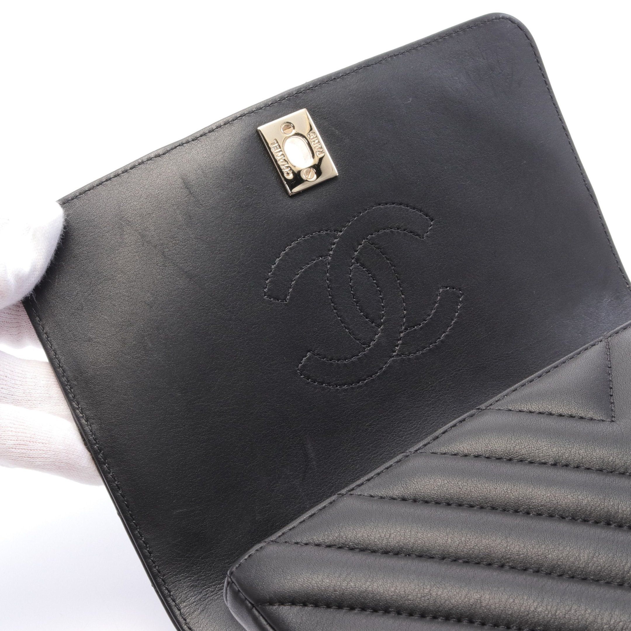 Chanel Chanel Chevron V-Stitch Full Flap Double Chain Shoulder Bag Lambskin Black Gold Hardware Size ONE SIZE - 6 Thumbnail