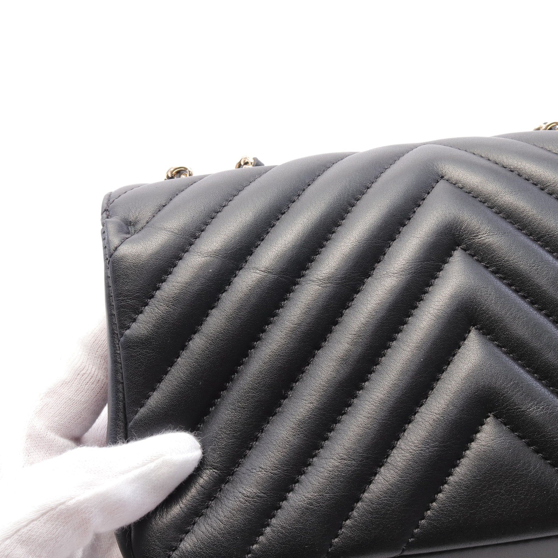 Chanel Chanel Chevron V-Stitch Full Flap Double Chain Shoulder Bag Lambskin Black Gold Hardware Size ONE SIZE - 7 Thumbnail