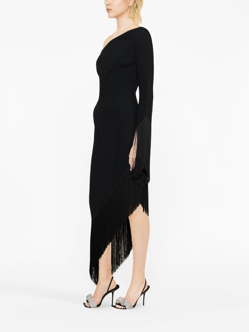 AVENTADOR ONE-SHOULDER FRINGED TRIMMED CREPE MIDI DRESS