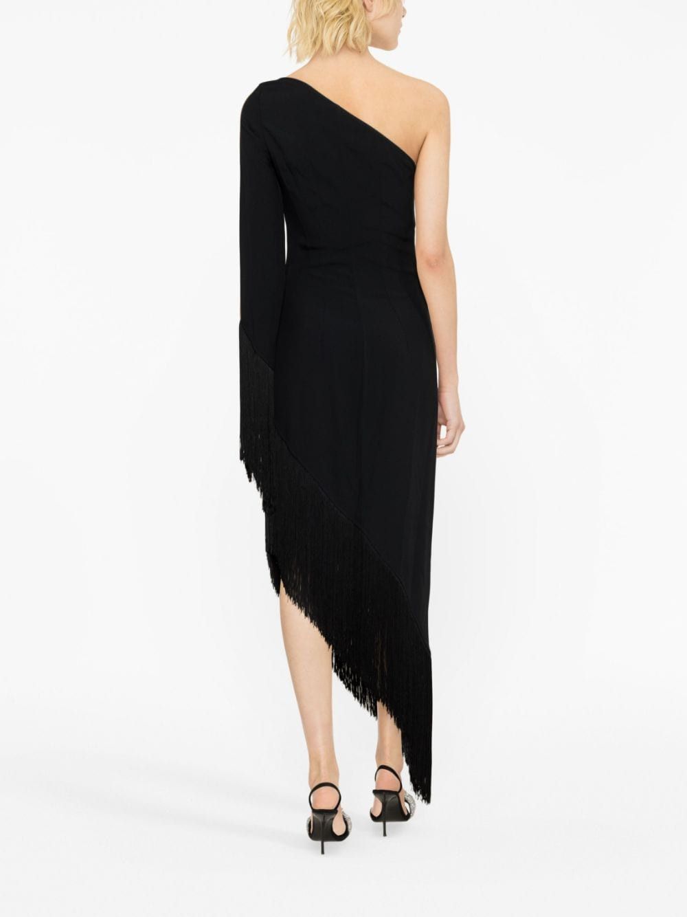 AVENTADOR ONE-SHOULDER FRINGED TRIMMED CREPE MIDI DRESS