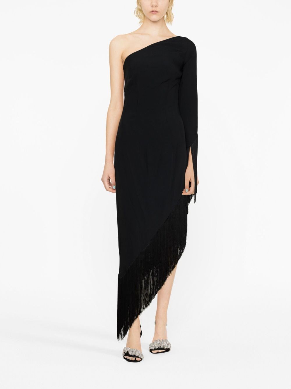 AVENTADOR ONE-SHOULDER FRINGED TRIMMED CREPE MIDI DRESS