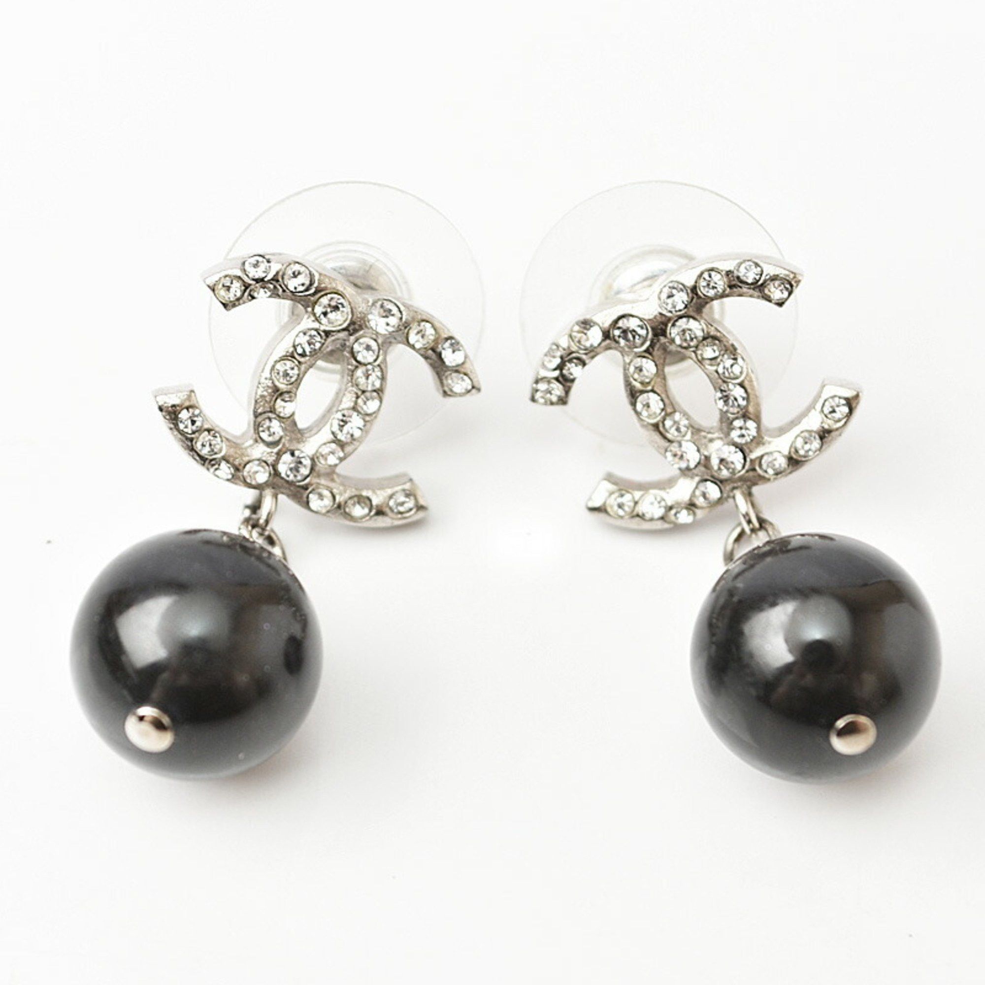 Chanel Chanel Earrings CHANEL CC Mark Swing Pearl Rhinestone Silver Black Size ONE SIZE - 2 Thumbnail