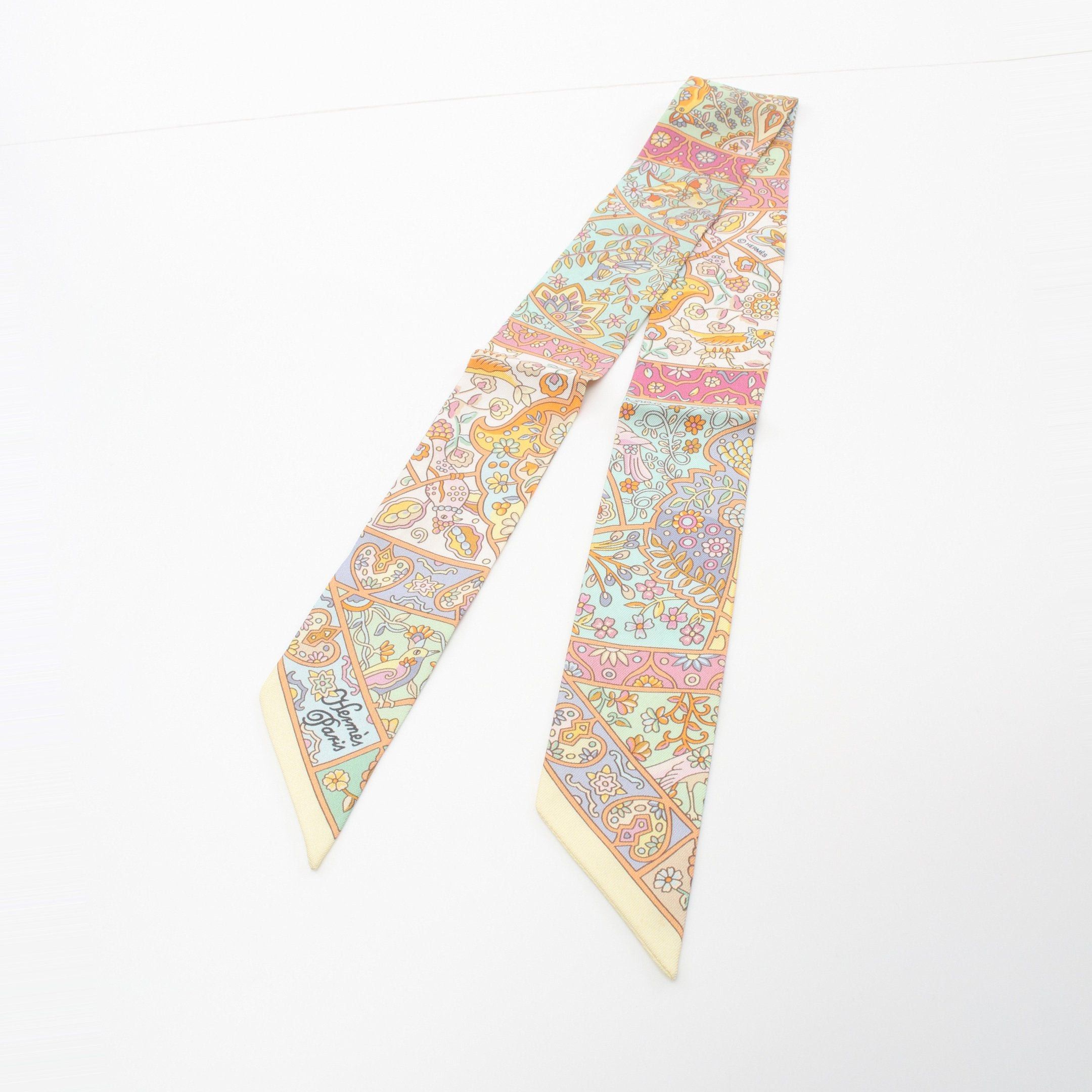 Hermes Hermes Twilly Au Pays Des Oiseaux Fleurs Ribbon Scarf Silk Light Yellow Multicolor Size ONE SIZE - 4 Thumbnail