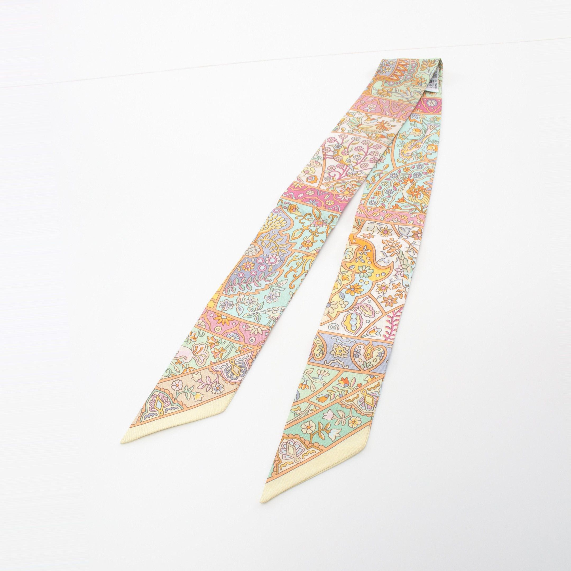 Hermes Hermes Twilly Au Pays Des Oiseaux Fleurs Ribbon Scarf Silk Light Yellow Multicolor Size ONE SIZE - 5 Thumbnail