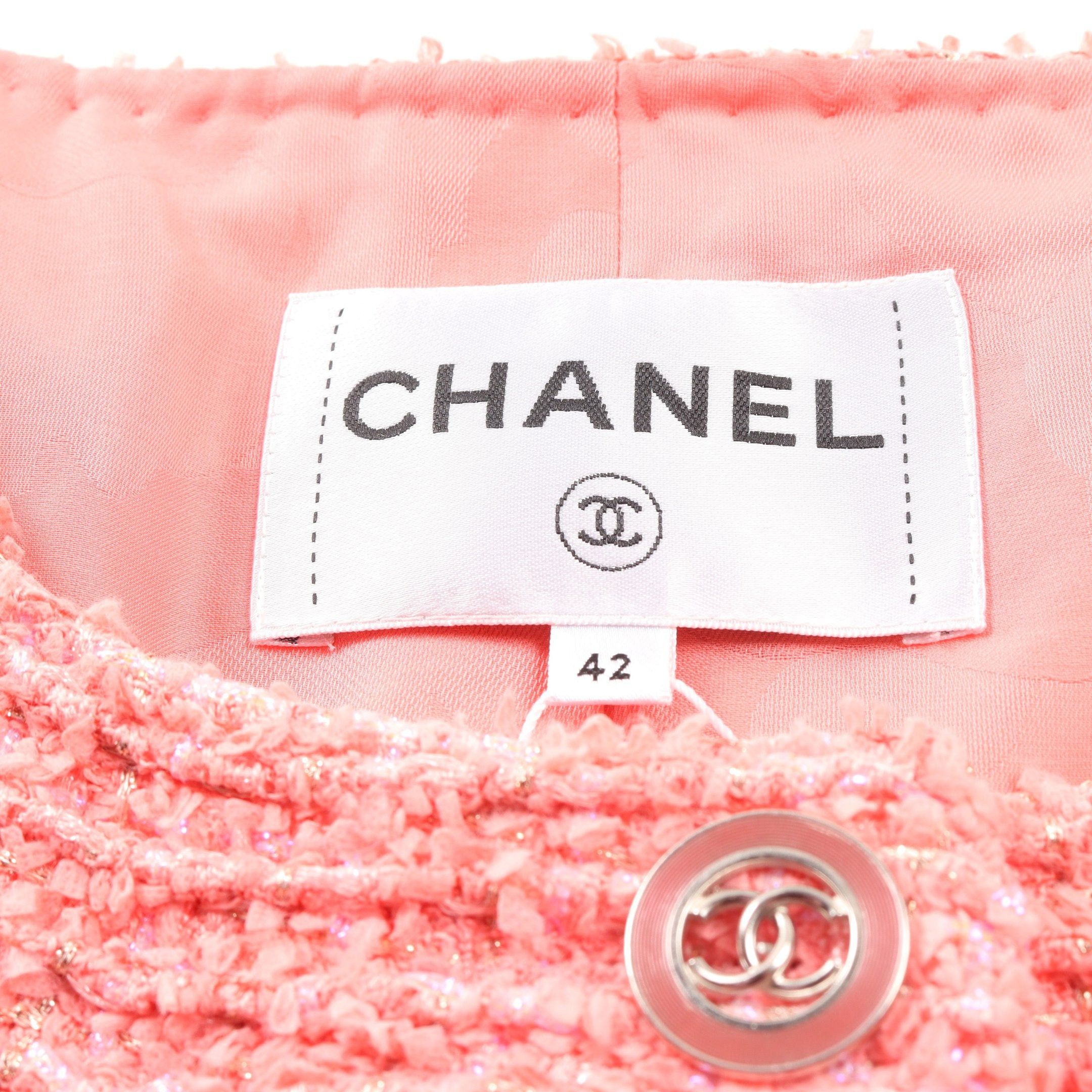 Chanel Chanel Cocomark Button Tweed No-Collar Jacket Nylon Cotton Coral Pink Size ONE SIZE - 3 Thumbnail