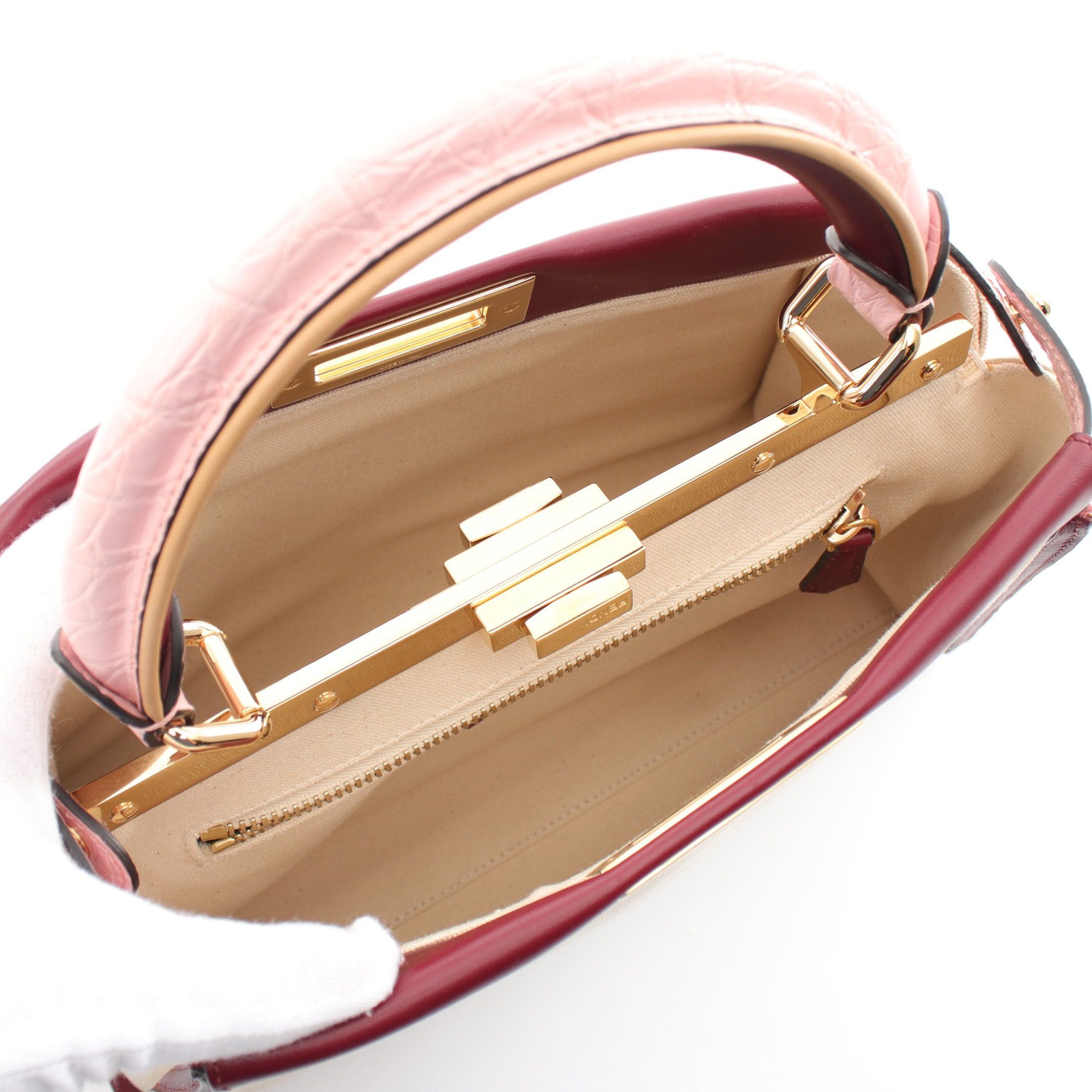 Fendi Fendi Peekaboo Regular Handbag Embossing Canvas Leather Ivory Bordeaux Pink Size ONE SIZE - 3 Thumbnail