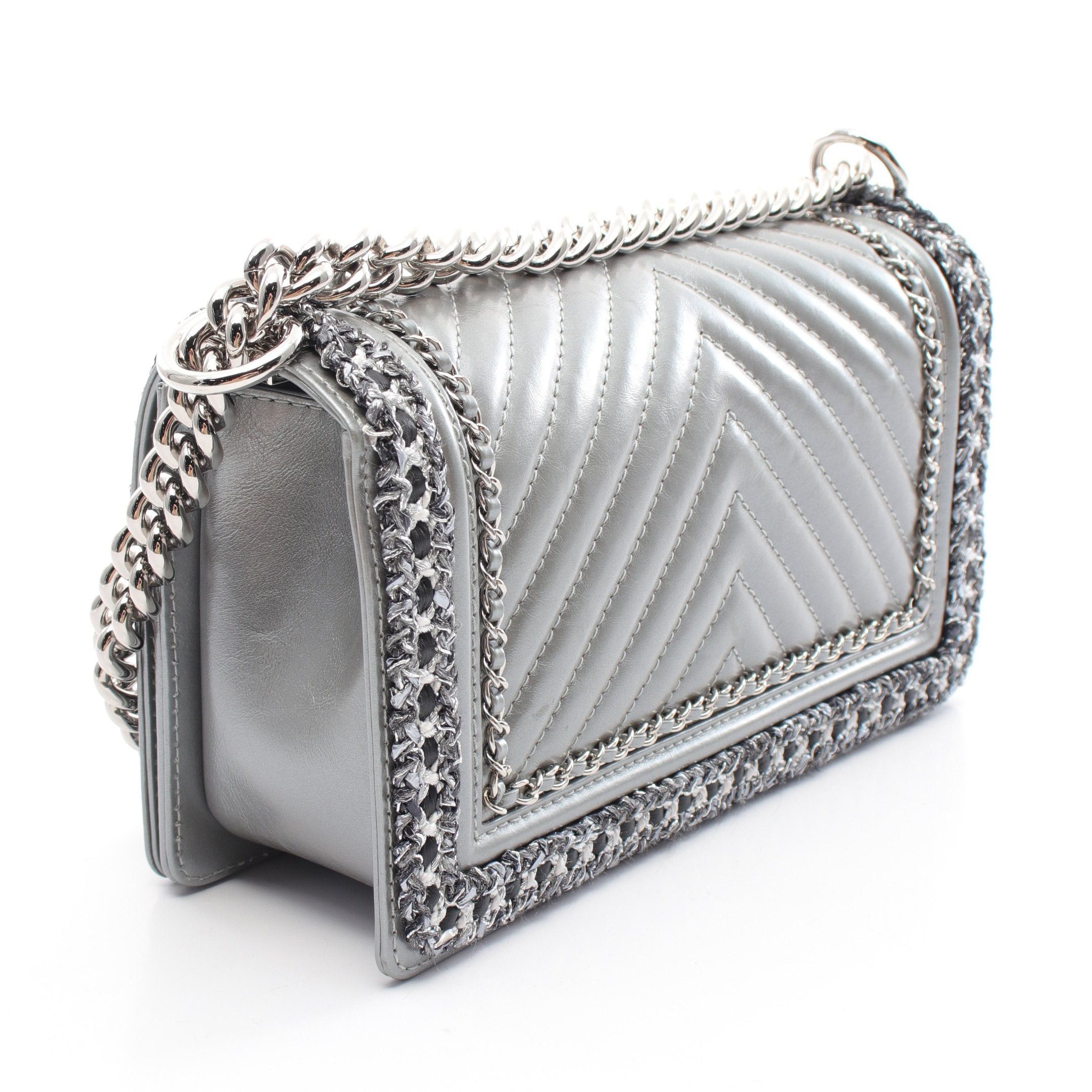 Chanel Chanel Boy Chanel Matelasse Chain Shoulder Bag Leather Tweed Gray Silver Hardware Size ONE SIZE - 2 Thumbnail