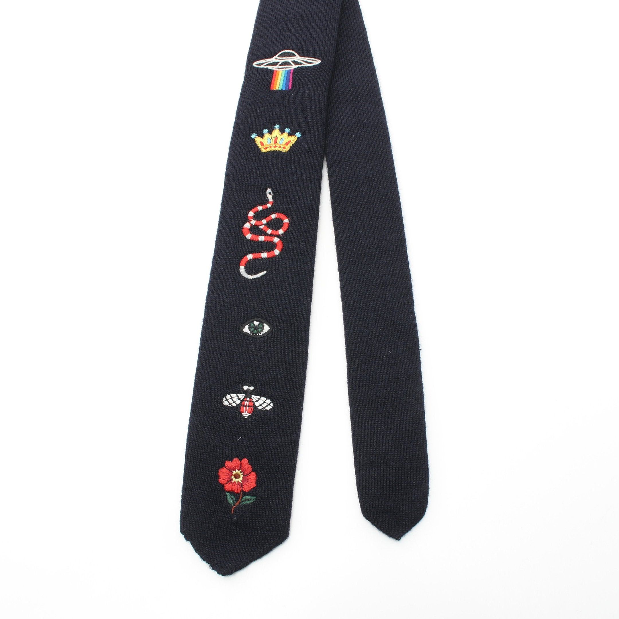 Gucci Gucci Embroidery Knit Tie Wool Navy Multicolor Size ONE SIZE - 2 Thumbnail