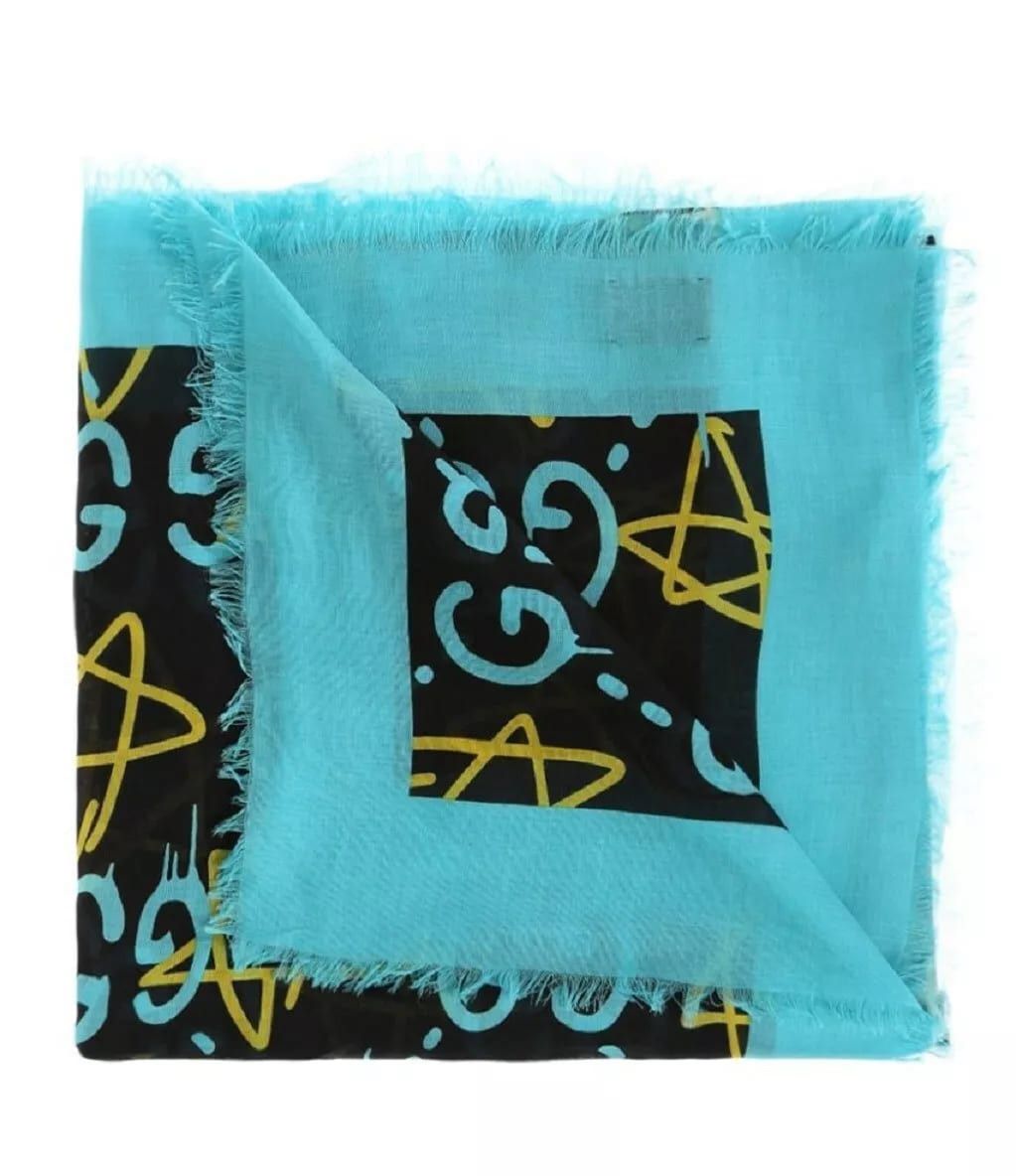 Gucci Ghost Black Blue GG Star Modal Silk Large Scarf Shawl w/Box Size ONE SIZE - 2 Thumbnail