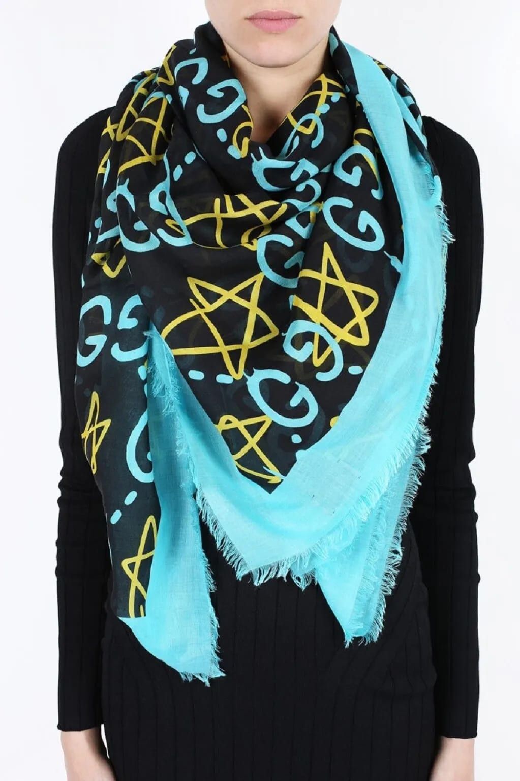 Gucci Ghost Black Blue GG Star Modal Silk Large Scarf Shawl w/Box Size ONE SIZE - 3 Thumbnail