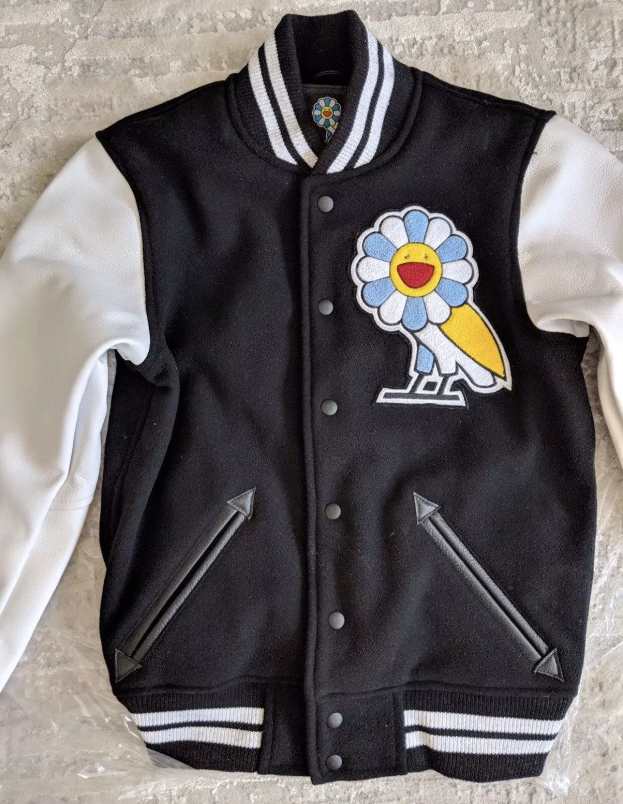 Drake Octobers Very Own Takashi Murakami Drake x OVO x Takeshi Murakami Varsity Jacket Black White Leather Wool Takashipom Octobers Very Own Grailed