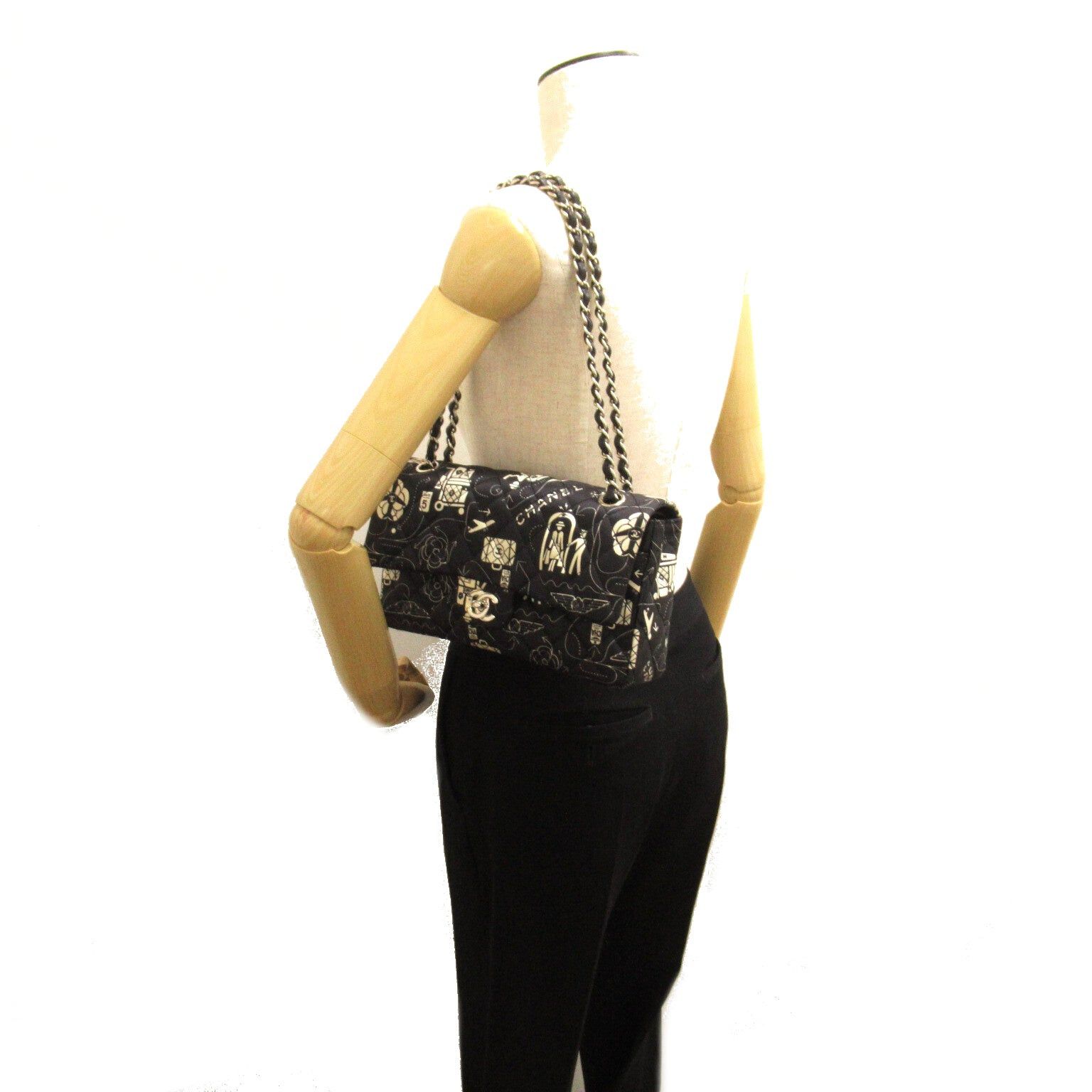 Chanel Chanel Airline Double Flap Chain Shoulder Bag Others Satin Black White Silver Hardware Size ONE SIZE - 7 Thumbnail