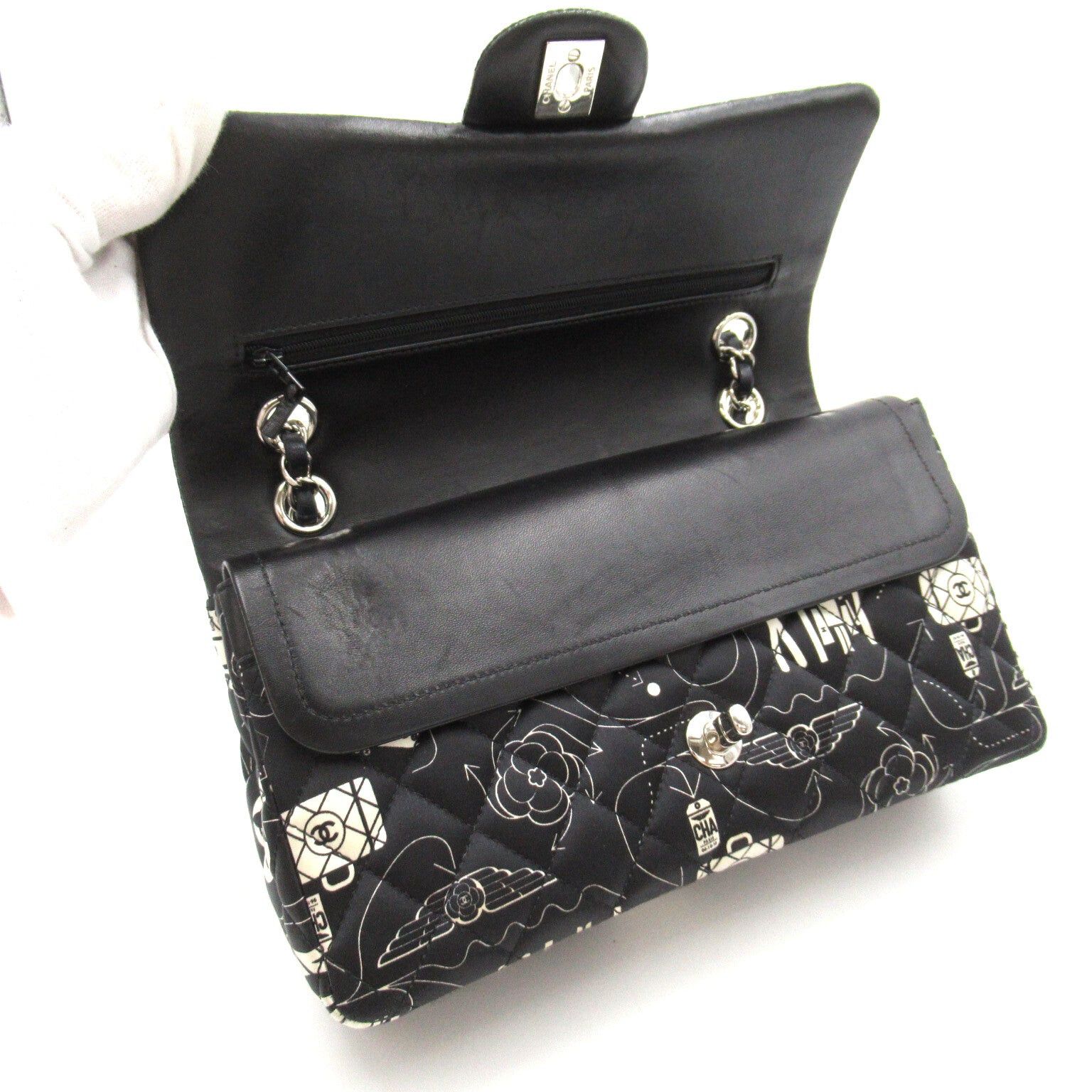 Chanel Chanel Airline Double Flap Chain Shoulder Bag Others Satin Black White Silver Hardware Size ONE SIZE - 4 Thumbnail