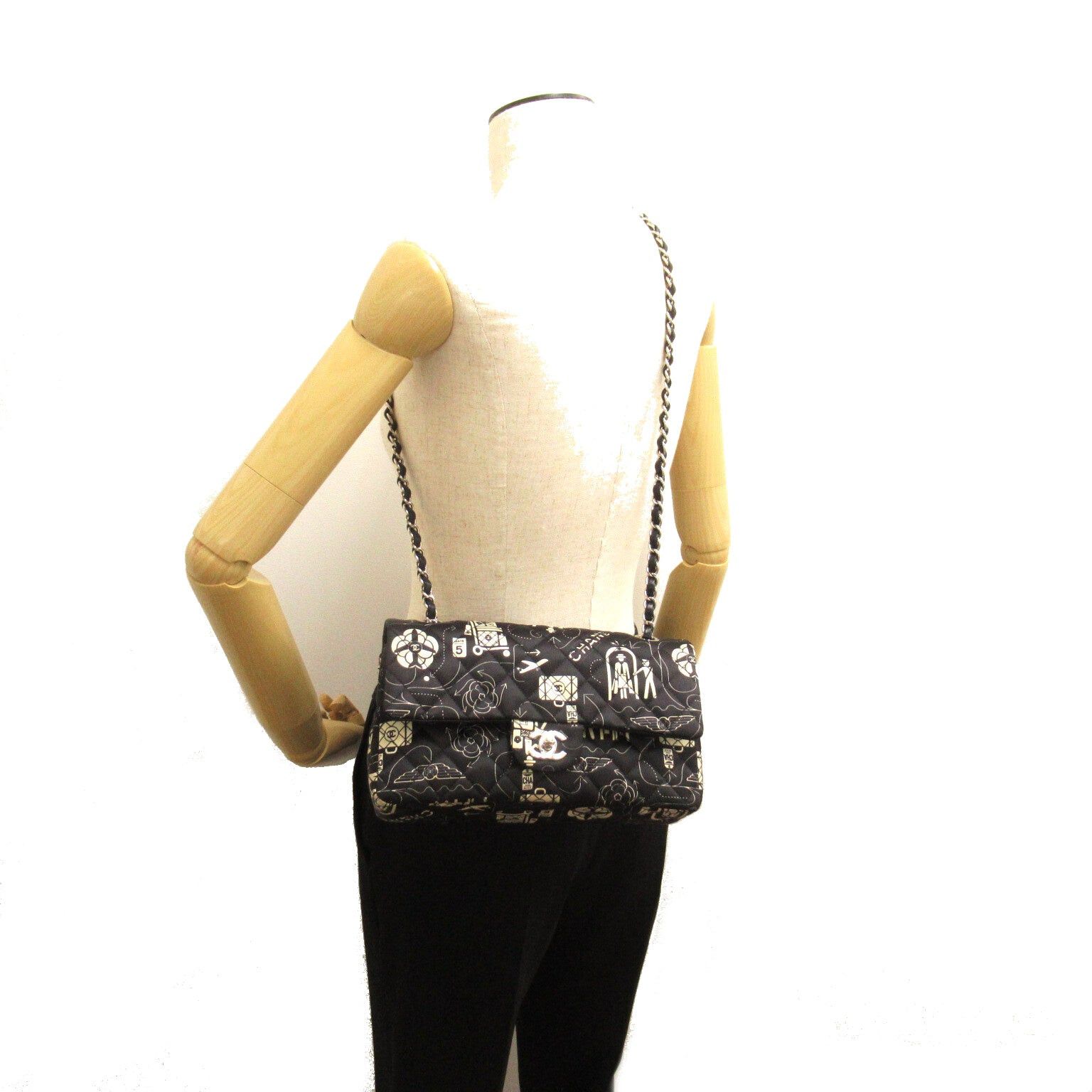 Chanel Chanel Airline Double Flap Chain Shoulder Bag Others Satin Black White Silver Hardware Size ONE SIZE - 8 Thumbnail