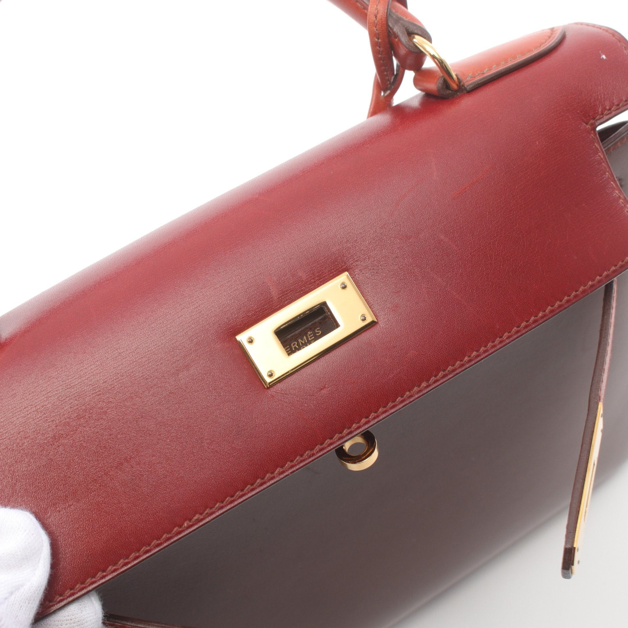 Hermes Hermes Kelly28 Tricolor Maron Fonce Rouge Ash Brick Handbag Box Calf Dark Brown Red Gold Hardware Outside Sewing ○ Z Stamp Size ONE SIZE - 12 Thumbnail