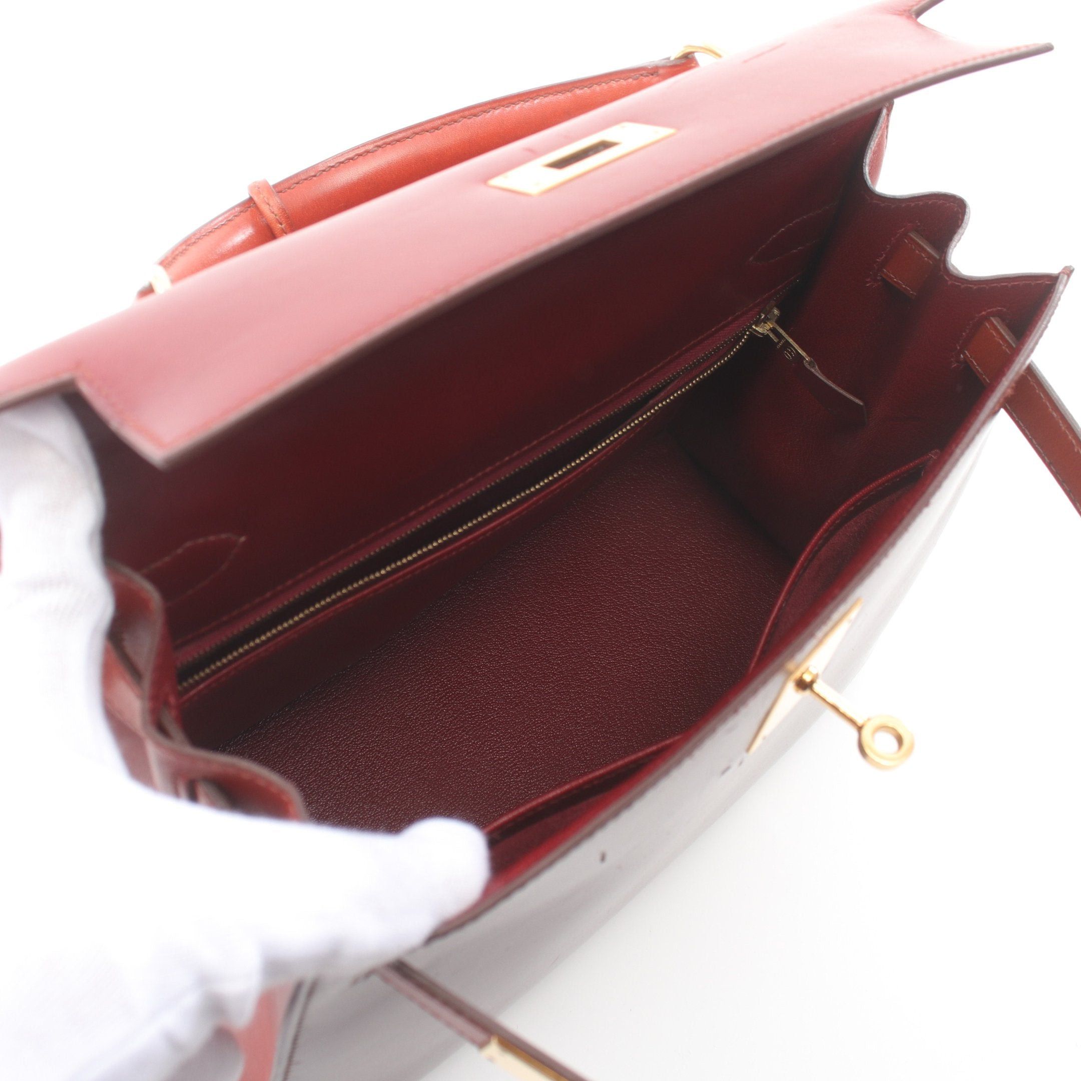 Hermes Hermes Kelly28 Tricolor Maron Fonce Rouge Ash Brick Handbag Box Calf Dark Brown Red Gold Hardware Outside Sewing ○ Z Stamp Size ONE SIZE - 3 Thumbnail