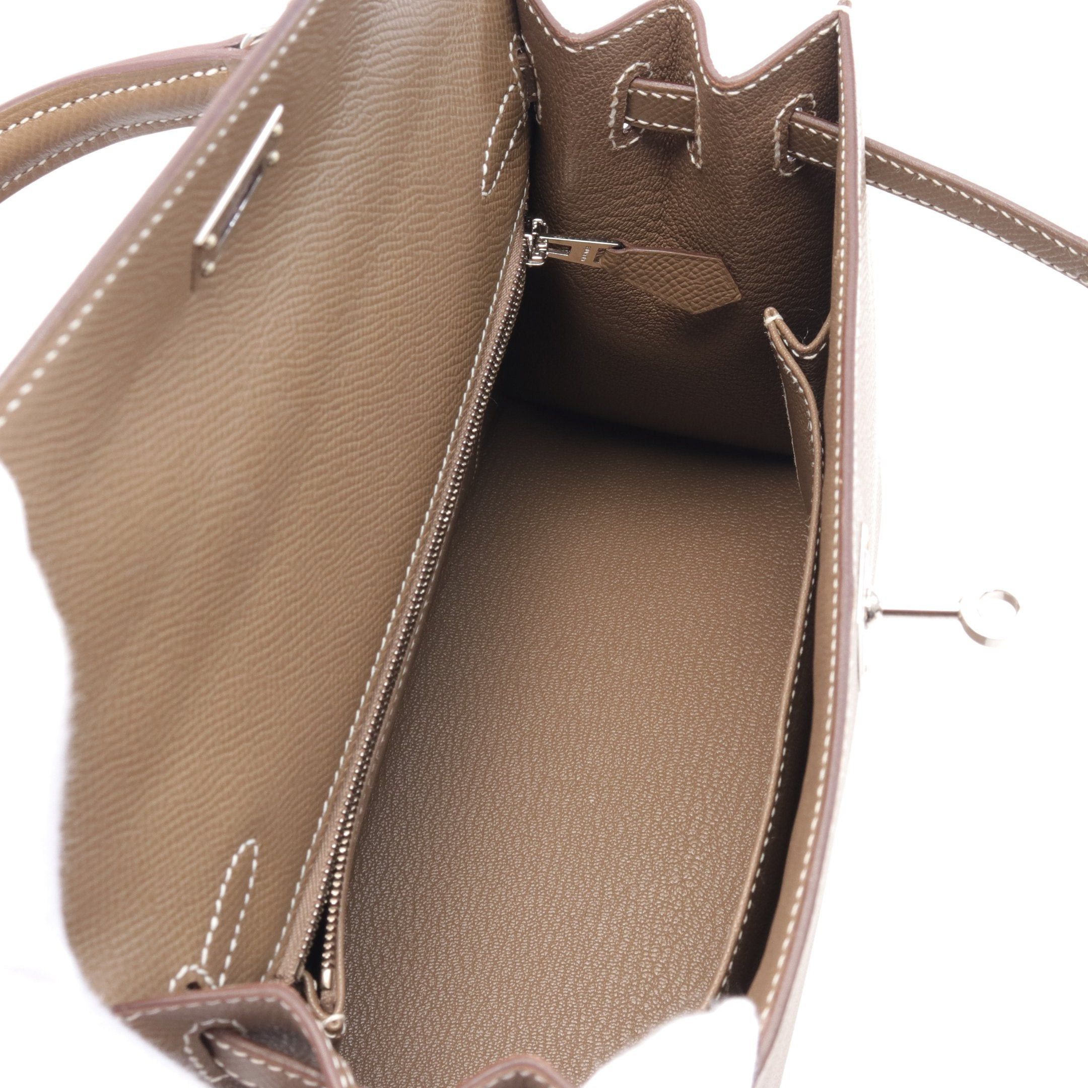 Hermes Kelly 25 Etoupe Handbag Veau Epsom Gray Brown Silver Hardware Outside Sewing D Stamp