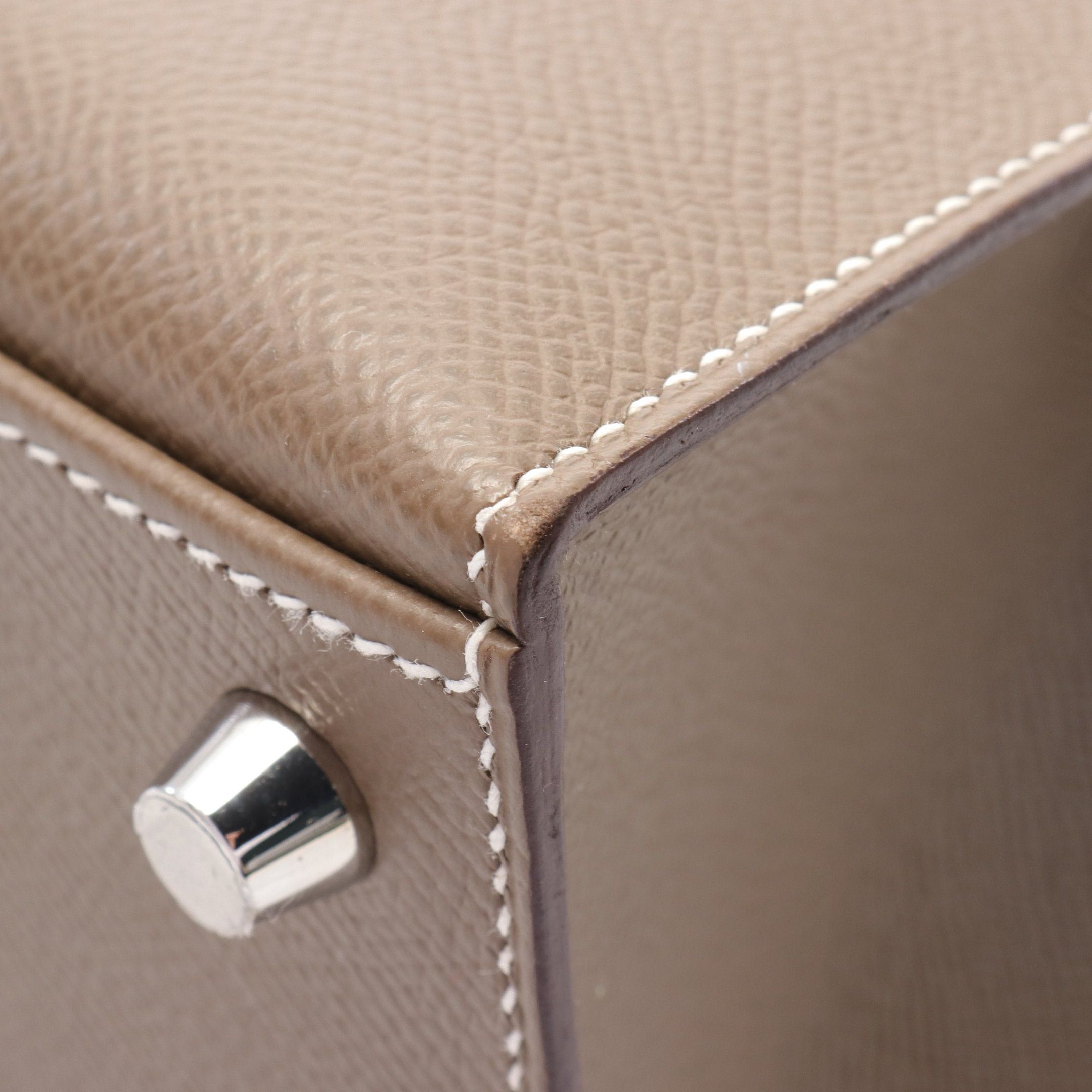 Hermes Kelly 25 Etoupe Handbag Veau Epsom Gray Brown Silver Hardware Outside Sewing D Stamp