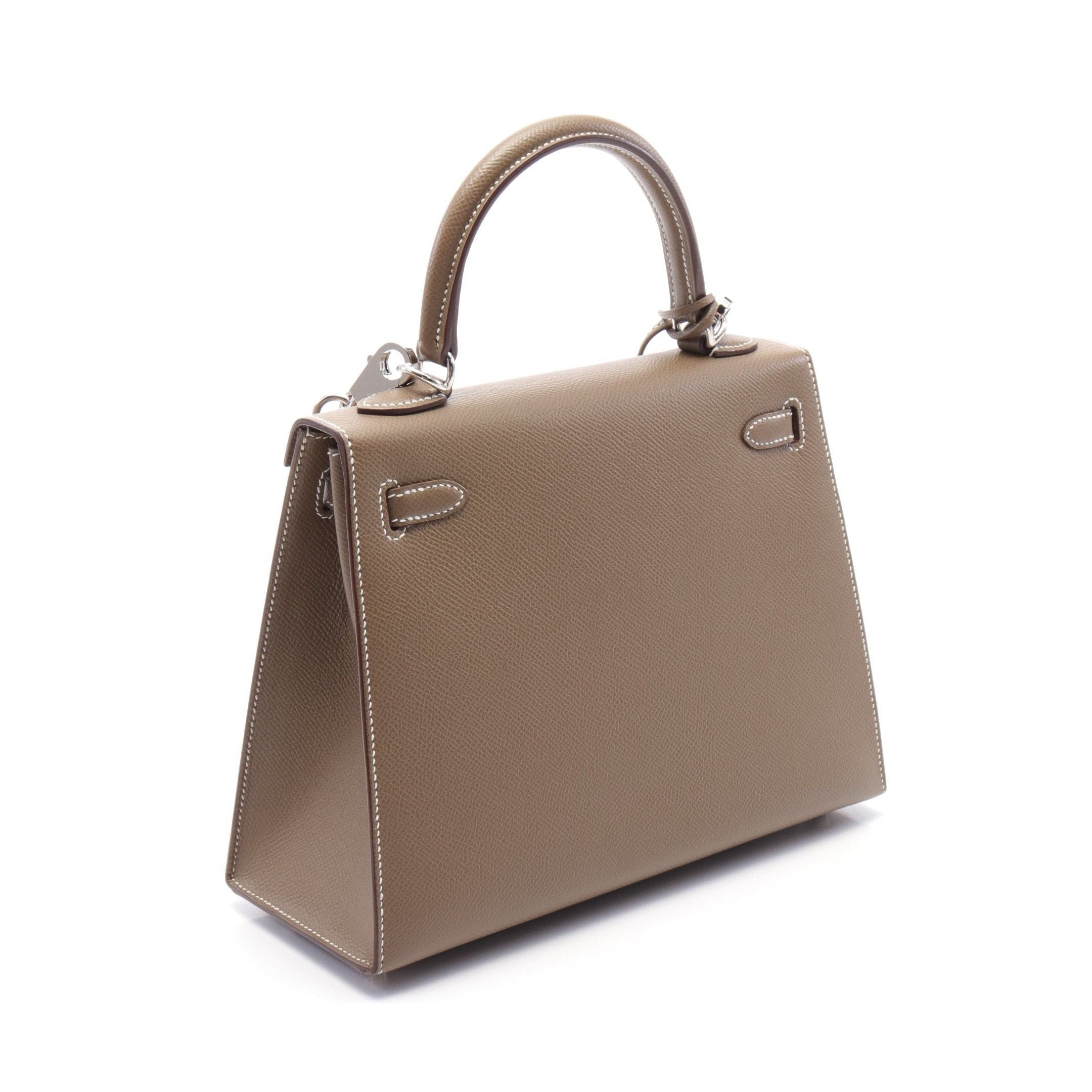 Hermes Kelly 25 Etoupe Handbag Veau Epsom Gray Brown Silver Hardware Outside Sewing D Stamp