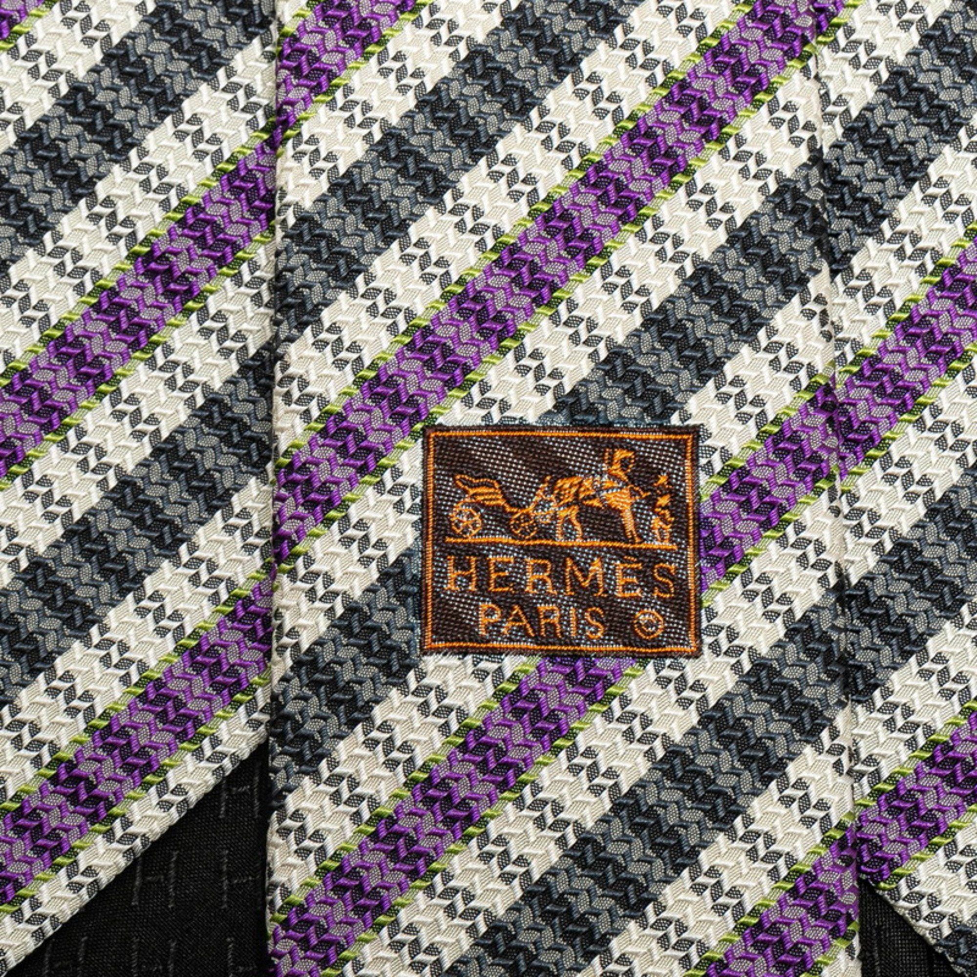 Hermes Hermes Striped Tie Black Purple White Silk Men's HERMES Size ONE SIZE - 3 Thumbnail