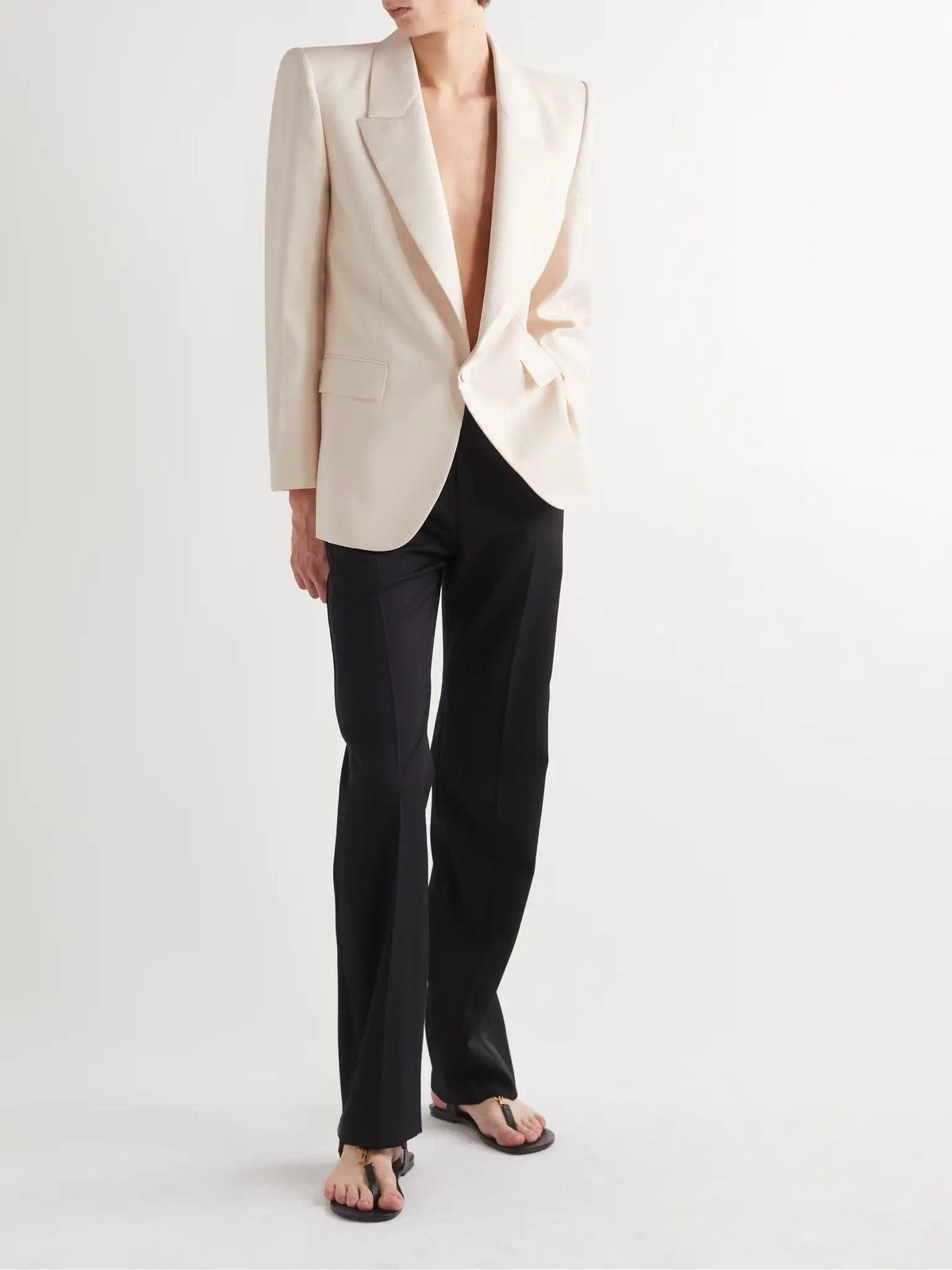 Saint Laurent Paris Saint Laurent Tuxedo Jacket in Silk Twill Cream Size 46R - 2 Thumbnail