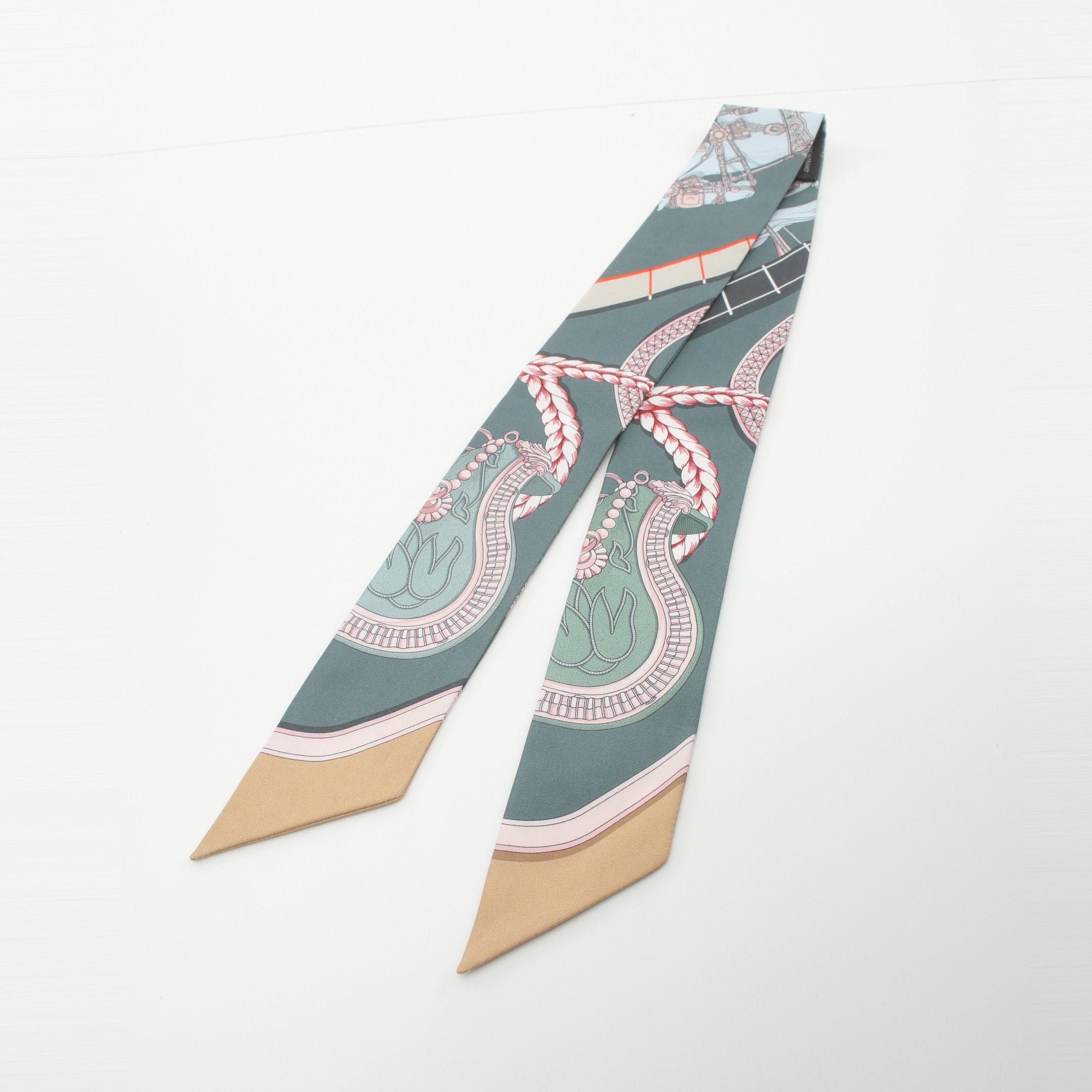 Hermes Hermes Twilly Grand Apparat Ribbon Scarf Silk Dark Green Multicolor Size ONE SIZE - 5 Thumbnail
