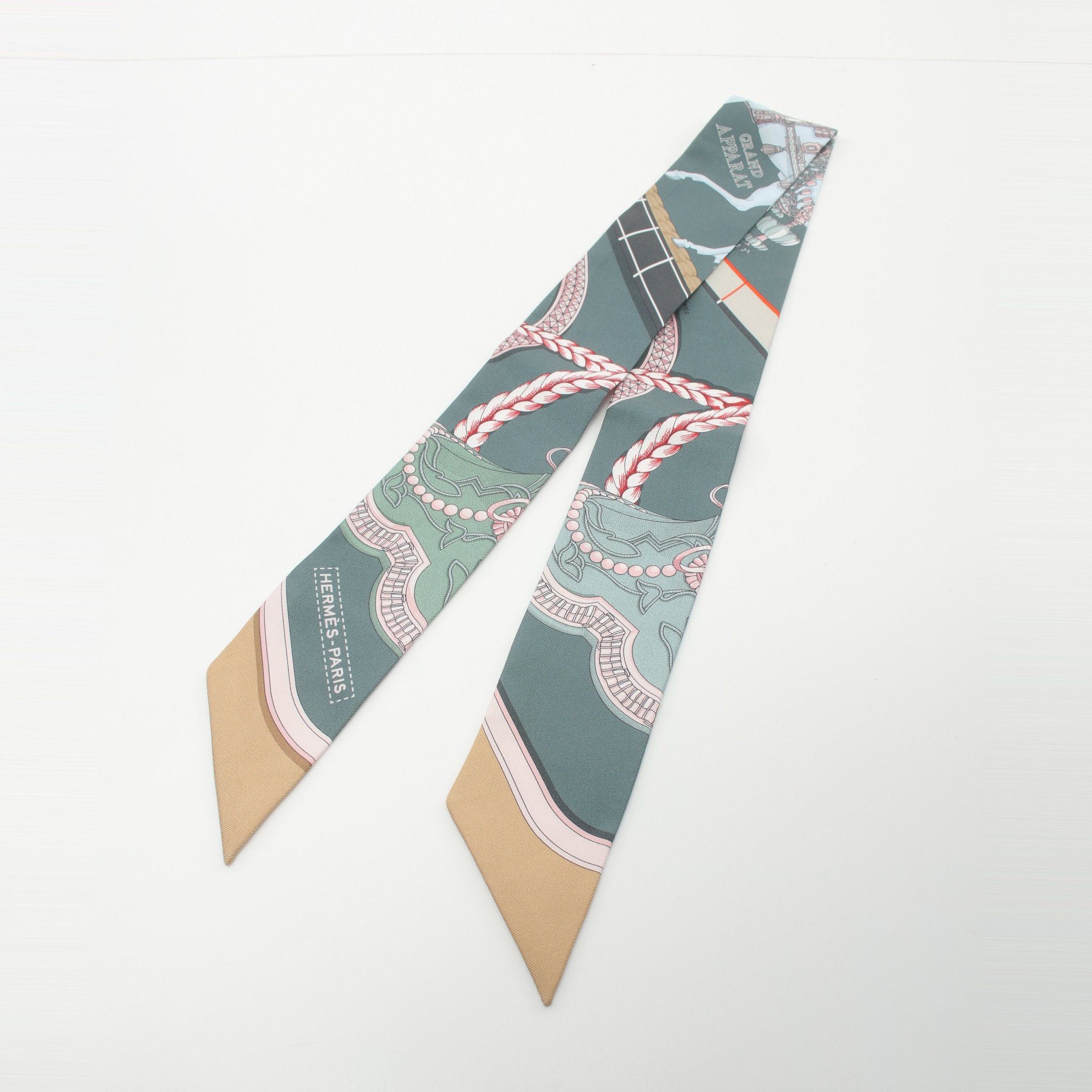 Hermes Hermes Twilly Grand Apparat Ribbon Scarf Silk Dark Green Multicolor Size ONE SIZE - 4 Thumbnail