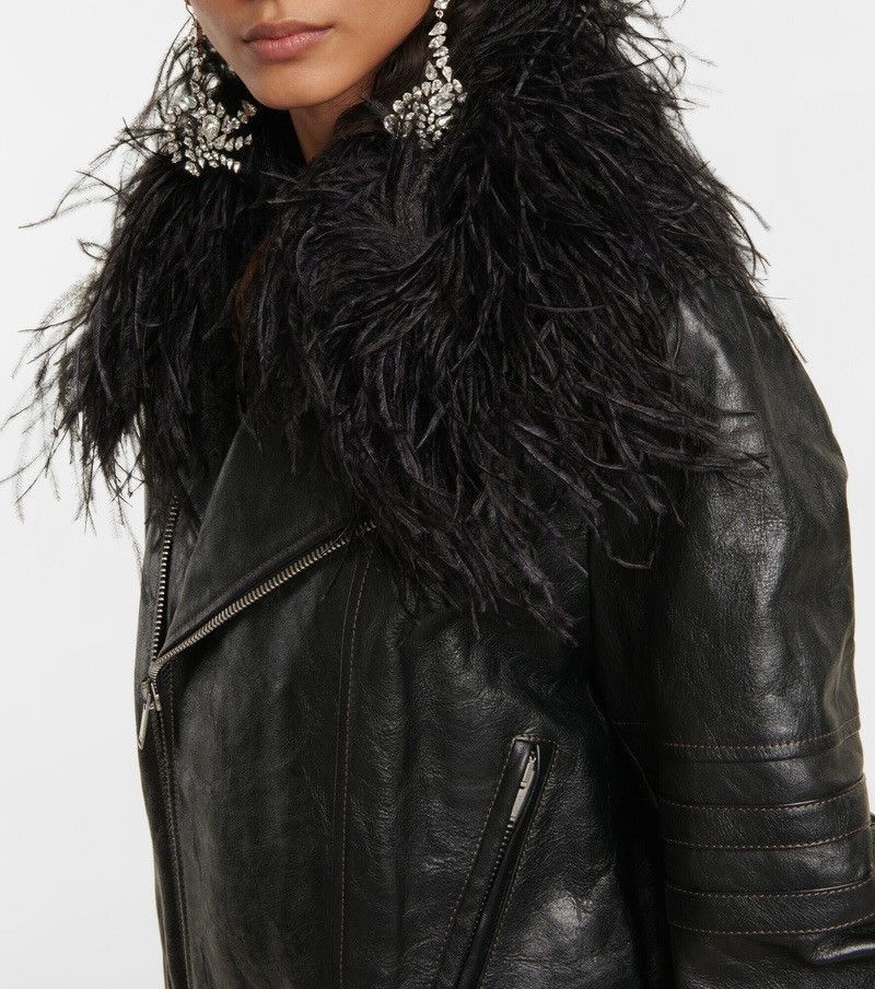 Saint Laurent Paris Feather-trimmed leather biker jacket Size US S / EU 44-46 / 1 - 4 Thumbnail
