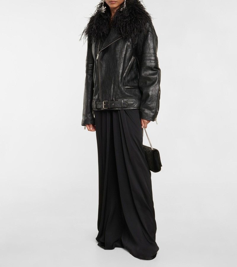 Saint Laurent Paris Feather-trimmed leather biker jacket Size US S / EU 44-46 / 1 - 2 Thumbnail