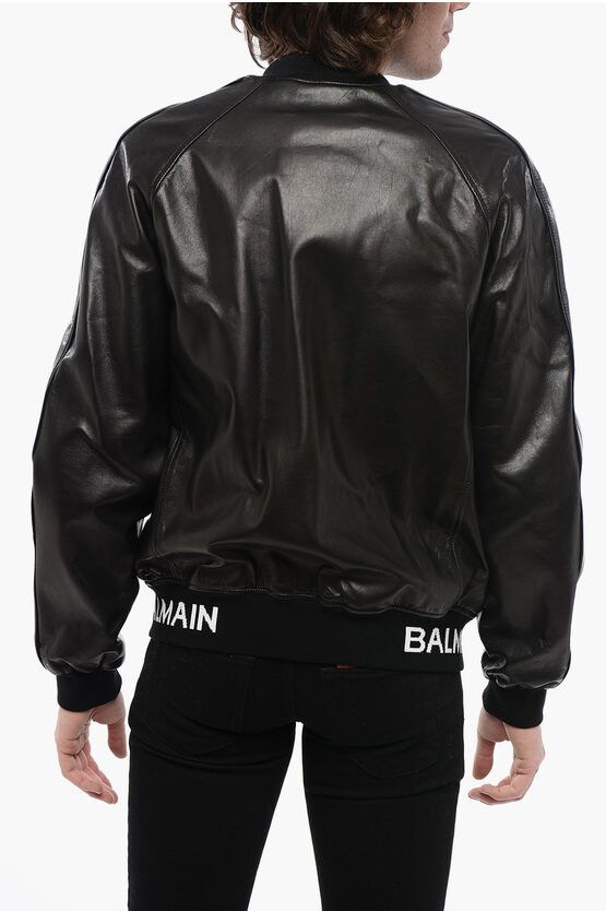 Balmain Leather Bomber Fit Jacket with Logoed Elastic Band Grailed