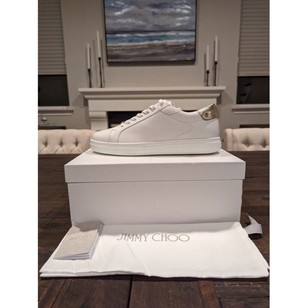 Jimmy Choo White Rome Metallic-trimmed Leather Sneakers Size US 11.5 / IT 41.5 - 5 Thumbnail