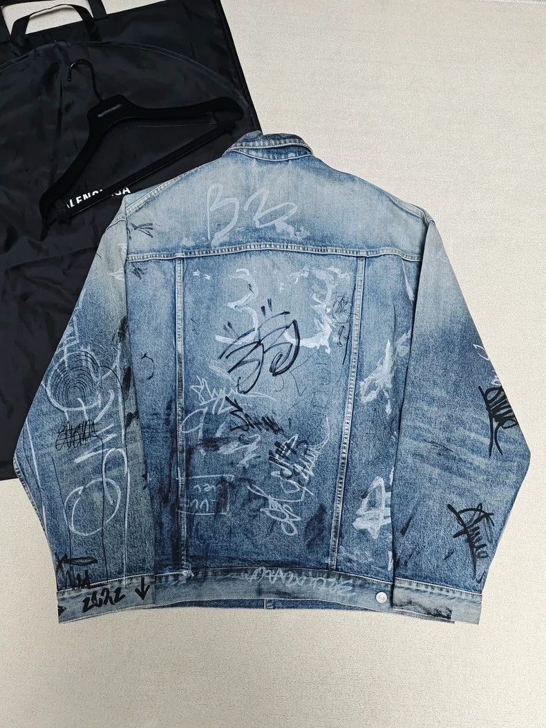 Balenciaga Balenciaga 23Fall blue graffiti hand painted vintage denim jacket Grailed