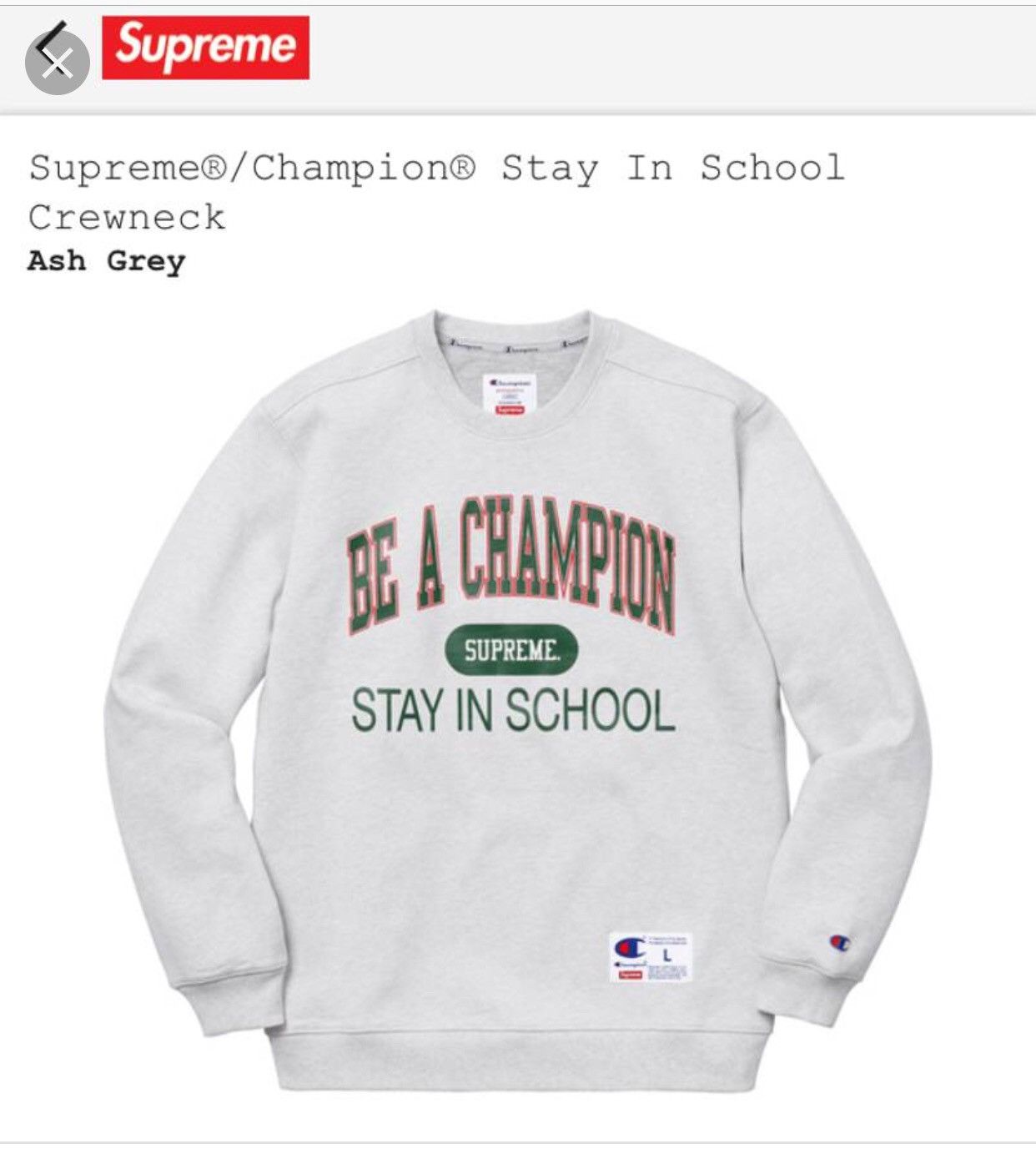 Champion Supreme Stay In School Crewneck | Grailed