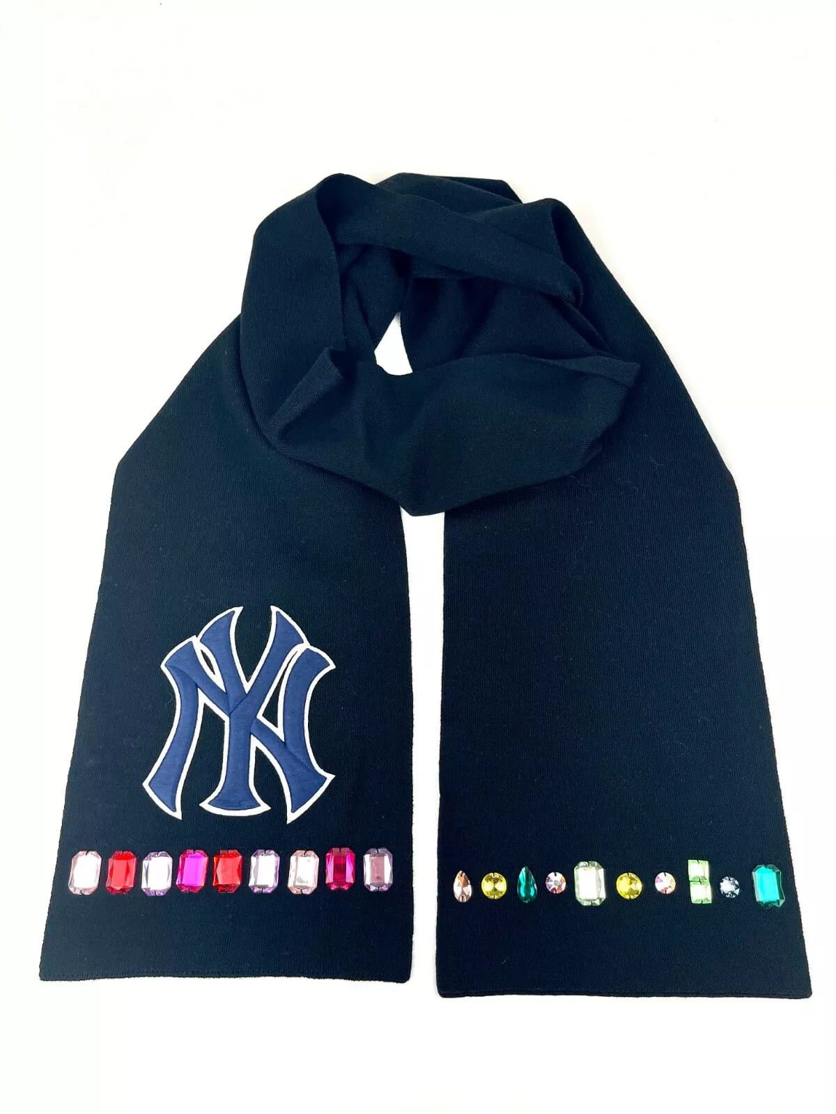 Gucci New NY Yankee Black Wool Scarf With Multi-color Gems Size ONE SIZE - 3 Thumbnail