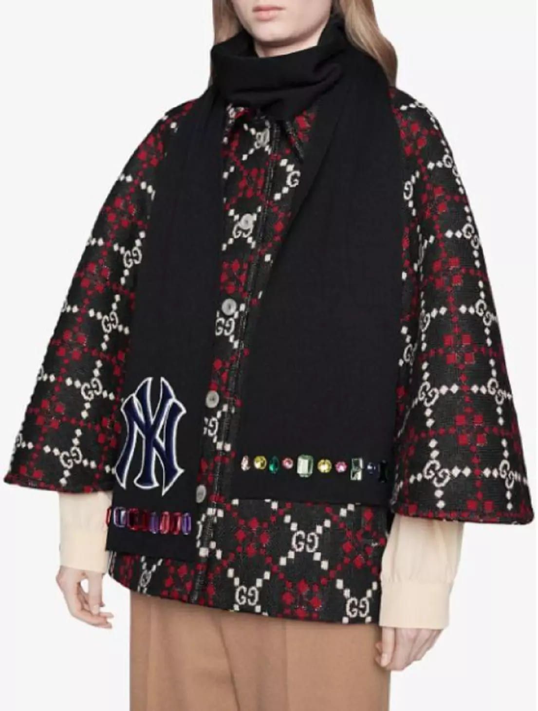 Gucci New NY Yankee Black Wool Scarf With Multi-color Gems Size ONE SIZE - 4 Thumbnail