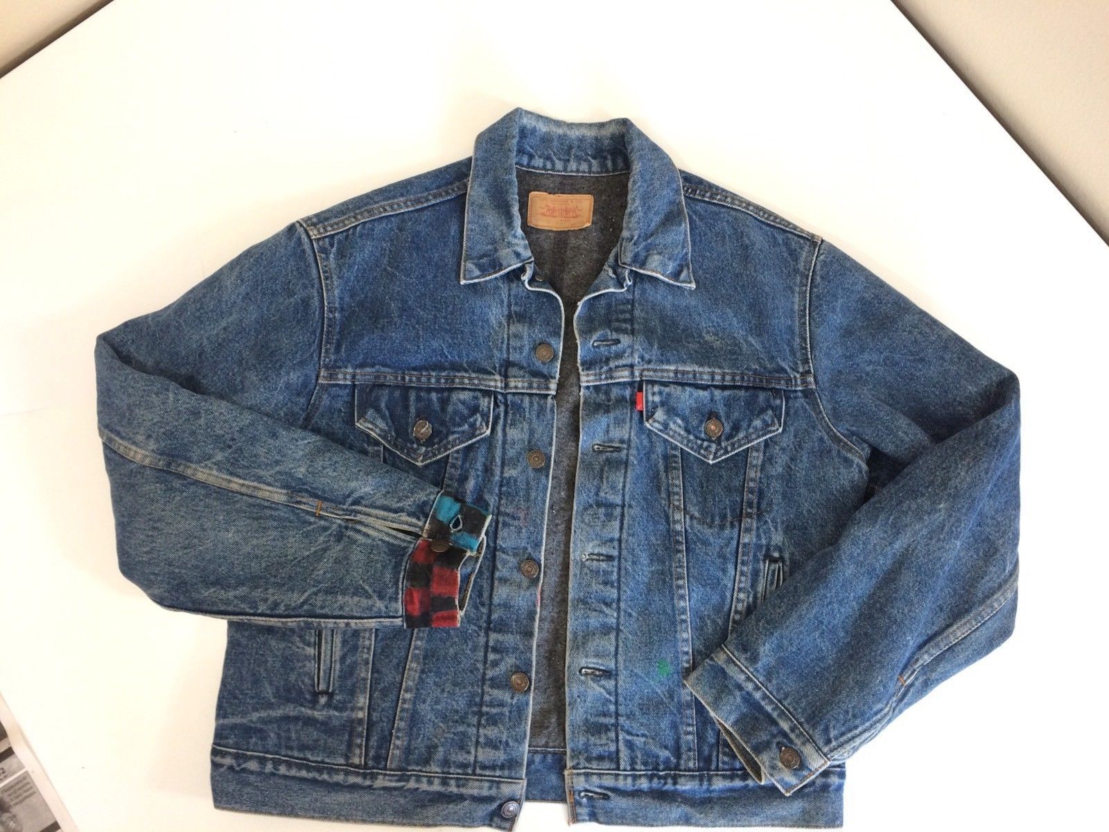 Vtg 90's CUSTOM Levi's Men Blue Jean Coat BLANKET Lined TRUCKER