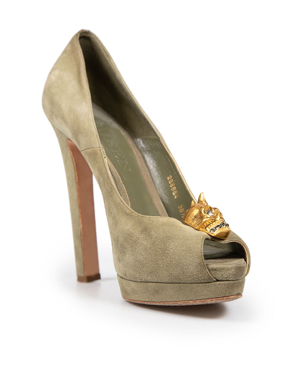 Alexander McQueen Olive Suede Embellished Skull Heels Size US 8.5 / IT 38.5 - 2 Thumbnail