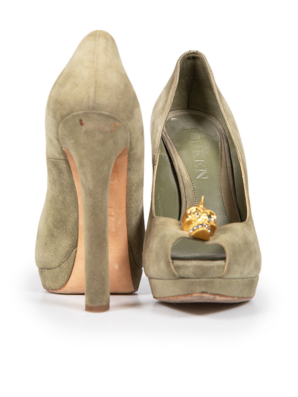 Alexander McQueen Olive Suede Embellished Skull Heels Size US 8.5 / IT 38.5 - 3 Thumbnail