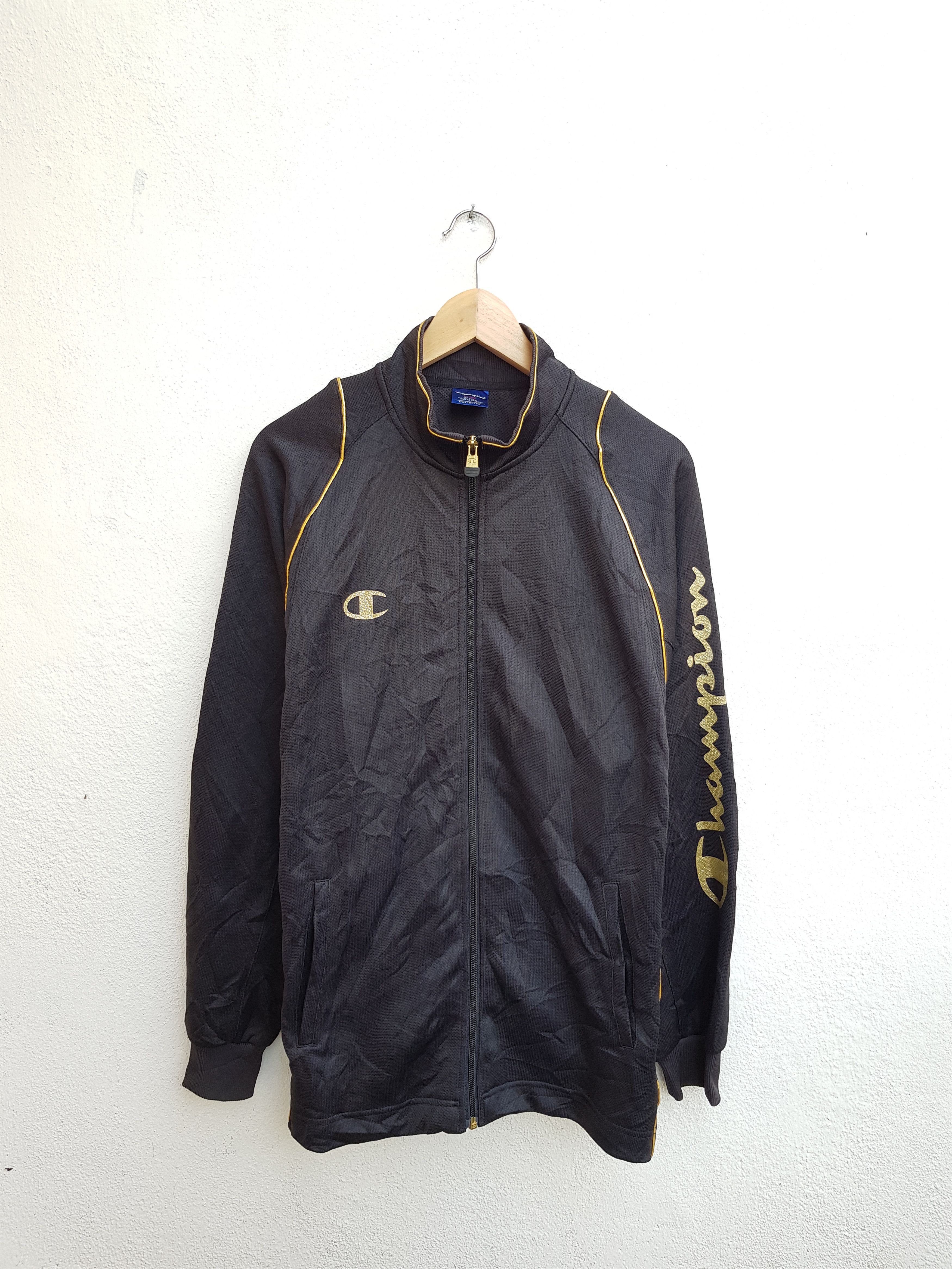 Champion Vintage 90s CHAMPION Track Sportswear Gold Color Logo Spell Out Printed Sleeve Running Jacket Size L Grailed