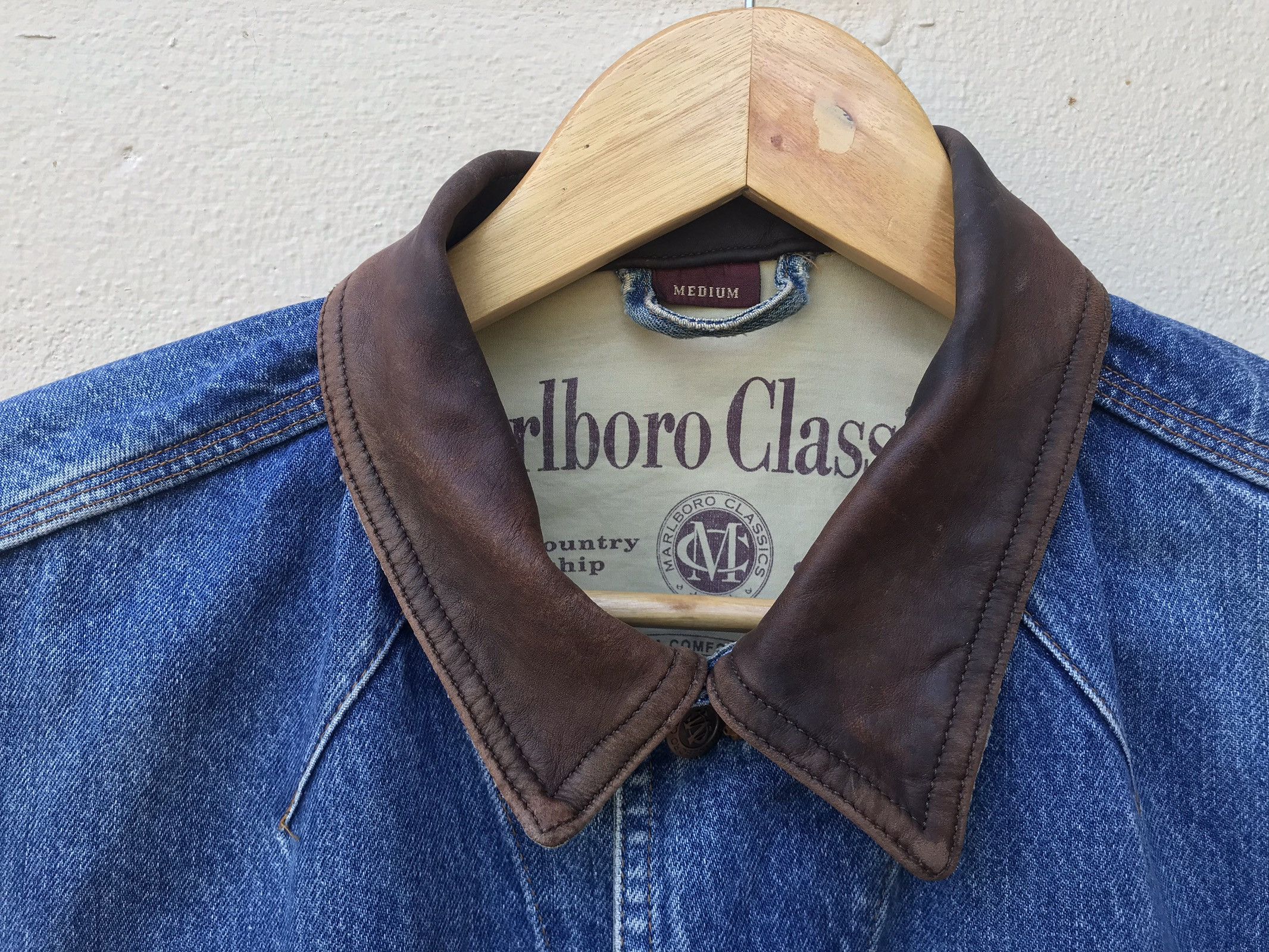 Marlboro Classics Marlboro Classics denim jacket brown leather collar Grailed