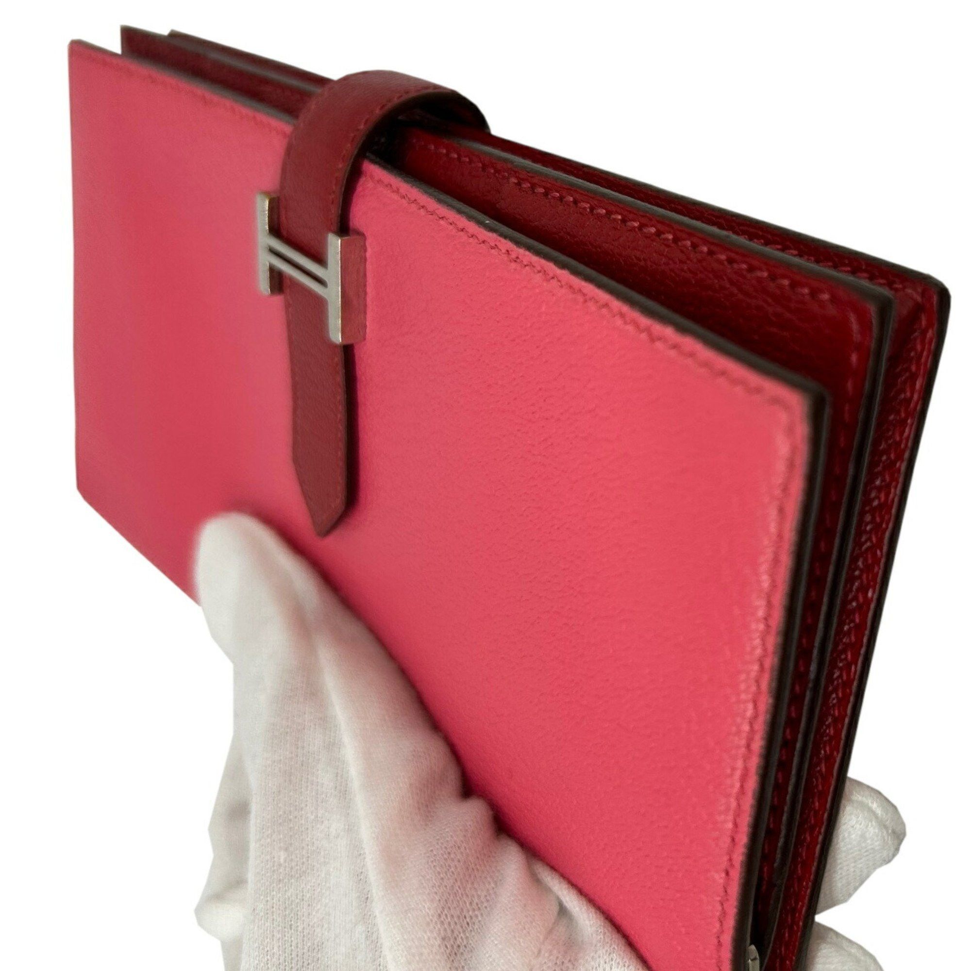 Hermes Hermes Long Wallet Bearn Soufflet Verso Chevre Rose Lipstick Rouge Garance Q□ Engraved 2013 Bicolor Women's Men's Size ONE SIZE - 9 Thumbnail