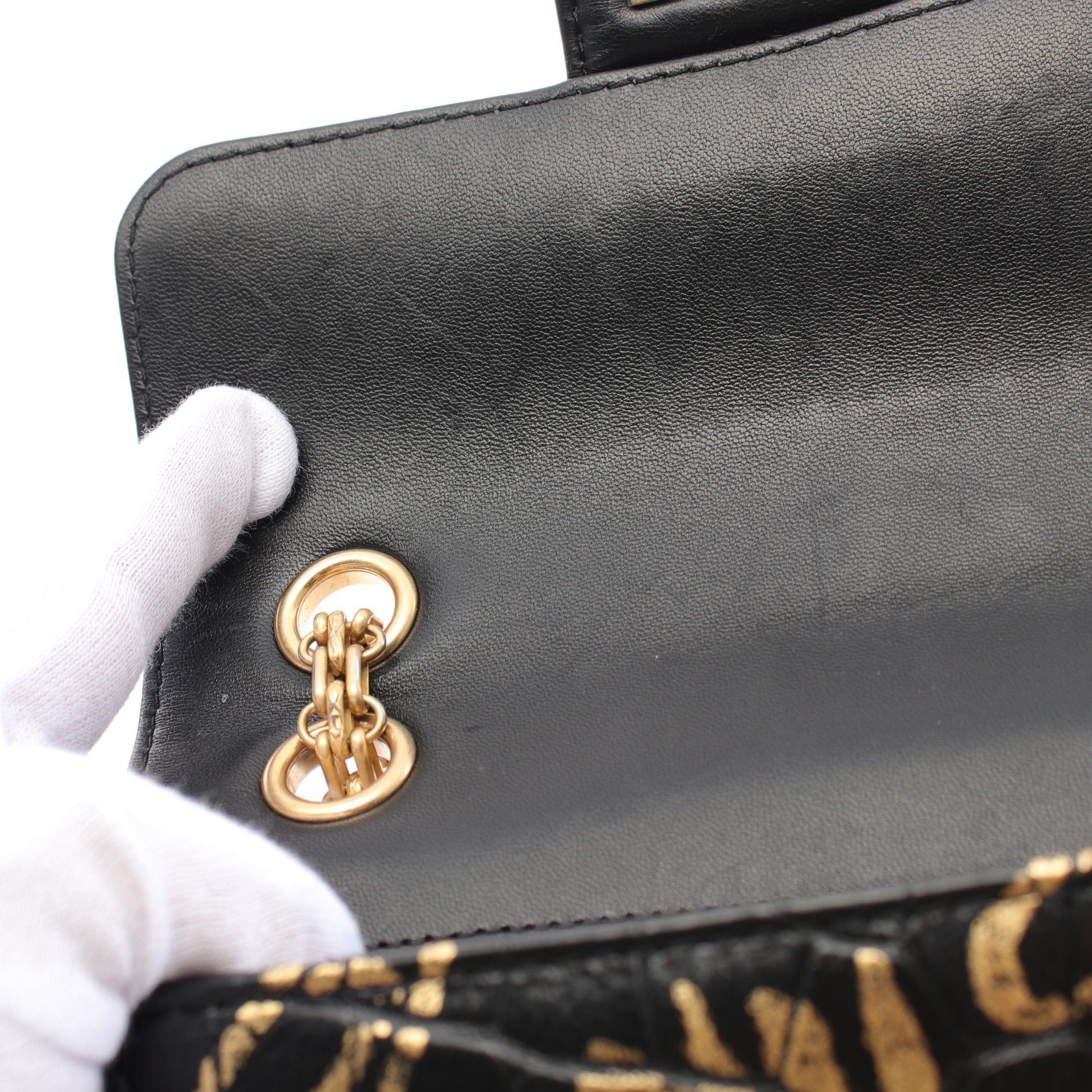 Chanel Chanel 2.55 Mini Double Chain Shoulder Bag Graffiti Embossing Leather Black Gold Hardware Size ONE SIZE - 8 Thumbnail