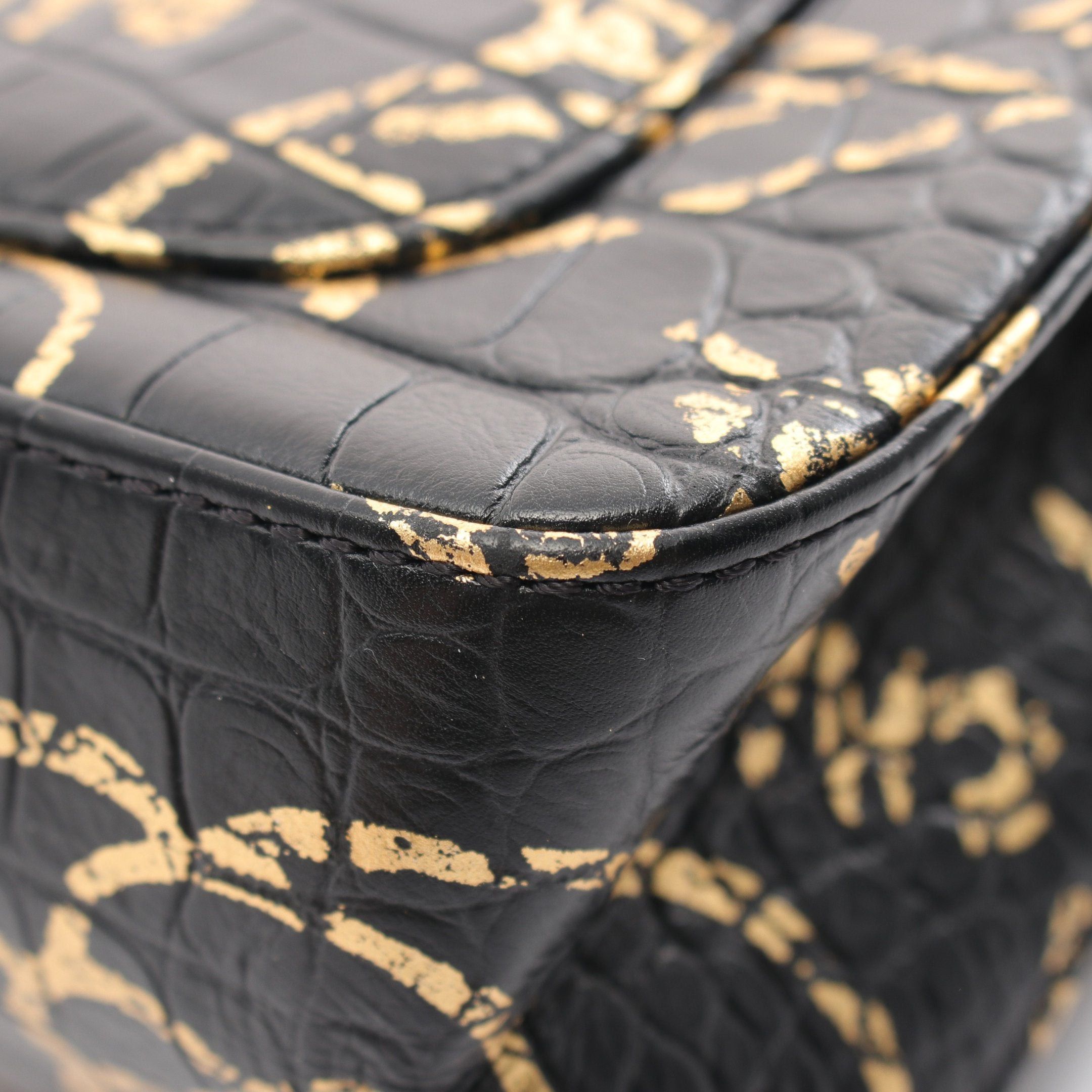 Chanel Chanel 2.55 Mini Double Chain Shoulder Bag Graffiti Embossing Leather Black Gold Hardware Size ONE SIZE - 6 Thumbnail