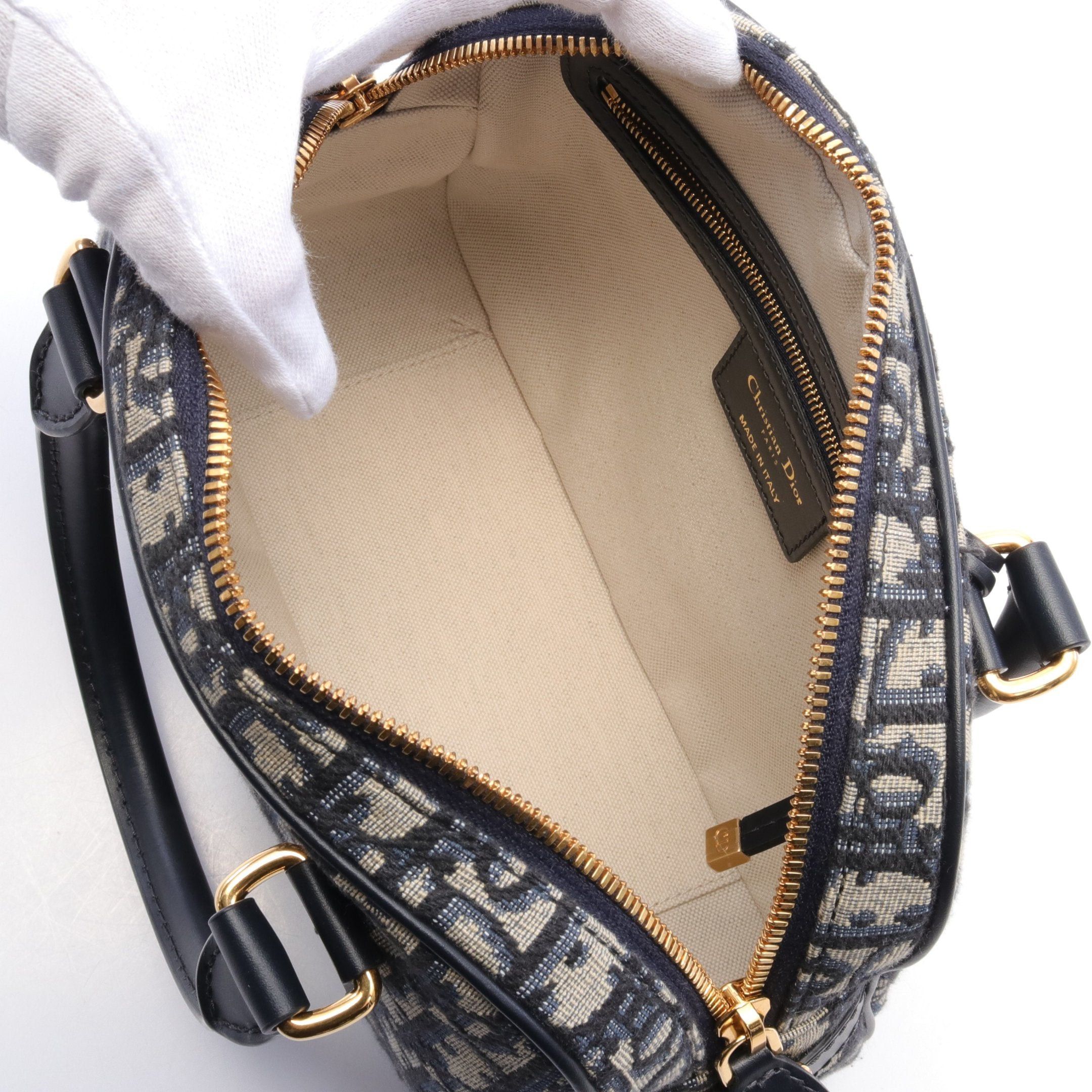 Dior Dior D-Vibe Oblique Bowling Bag Handbag Canvas Leather Navy Gray Size ONE SIZE - 3 Thumbnail