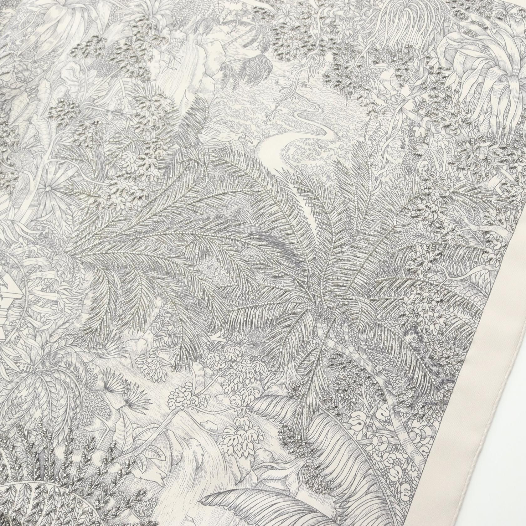 Hermes Hermes Carres 90 Faubourg Tropical Scarf Silk Light Gray Multicolor Bead Embroidery Size ONE SIZE - 5 Thumbnail