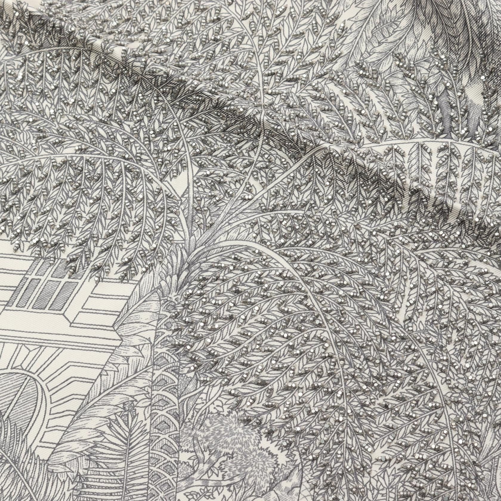 Hermes Hermes Carres 90 Faubourg Tropical Scarf Silk Light Gray Multicolor Bead Embroidery Size ONE SIZE - 4 Thumbnail