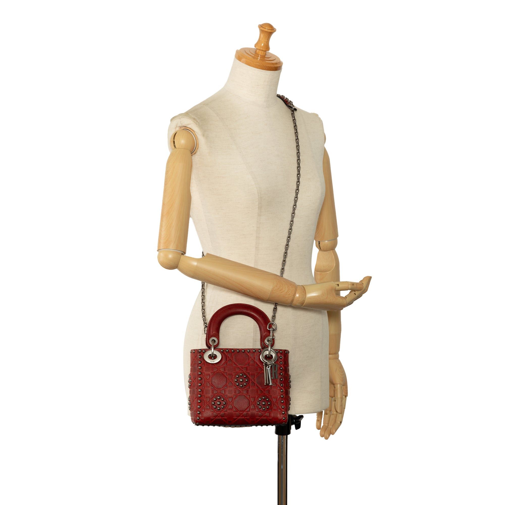 Dior Dior Mini Embossed Calfskin Cannage Studded Lady Dior Red Size ONE SIZE - 11 Thumbnail
