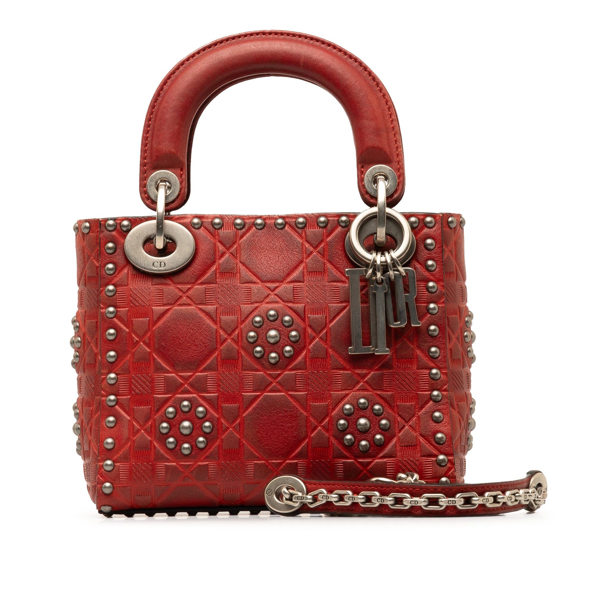 Dior Dior Mini Embossed Calfskin Cannage Studded Lady Dior Red Size ONE SIZE - 12 Thumbnail