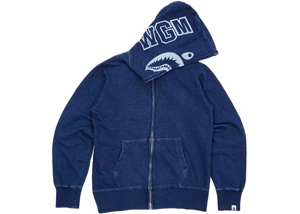 Bape a bathing ape blue navy denim shark hoodie jacket m | Grailed