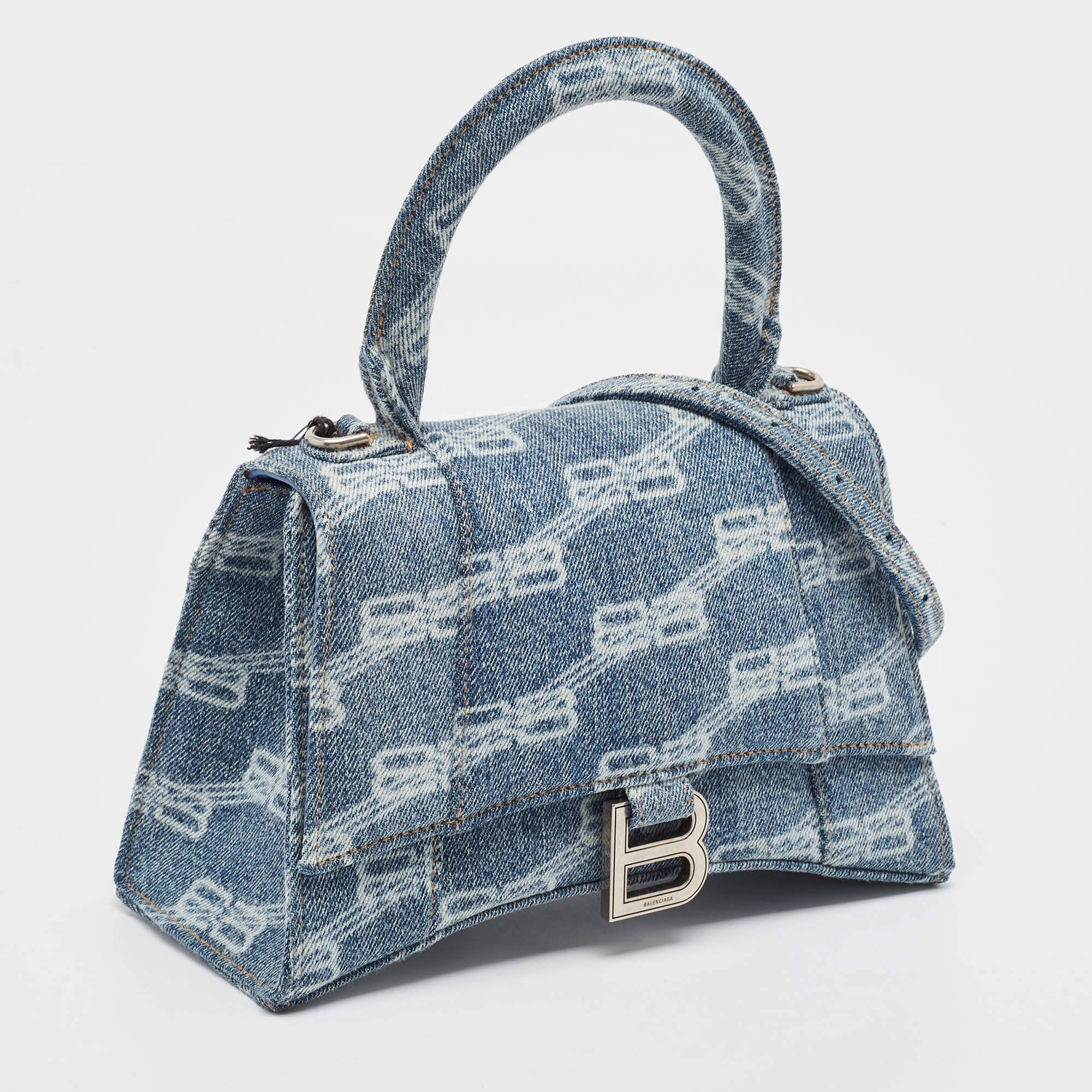 Balenciaga Light Blue BB Monogram Denim Small Hourglass Top Handle Bag Size ONE SIZE - 2 Thumbnail